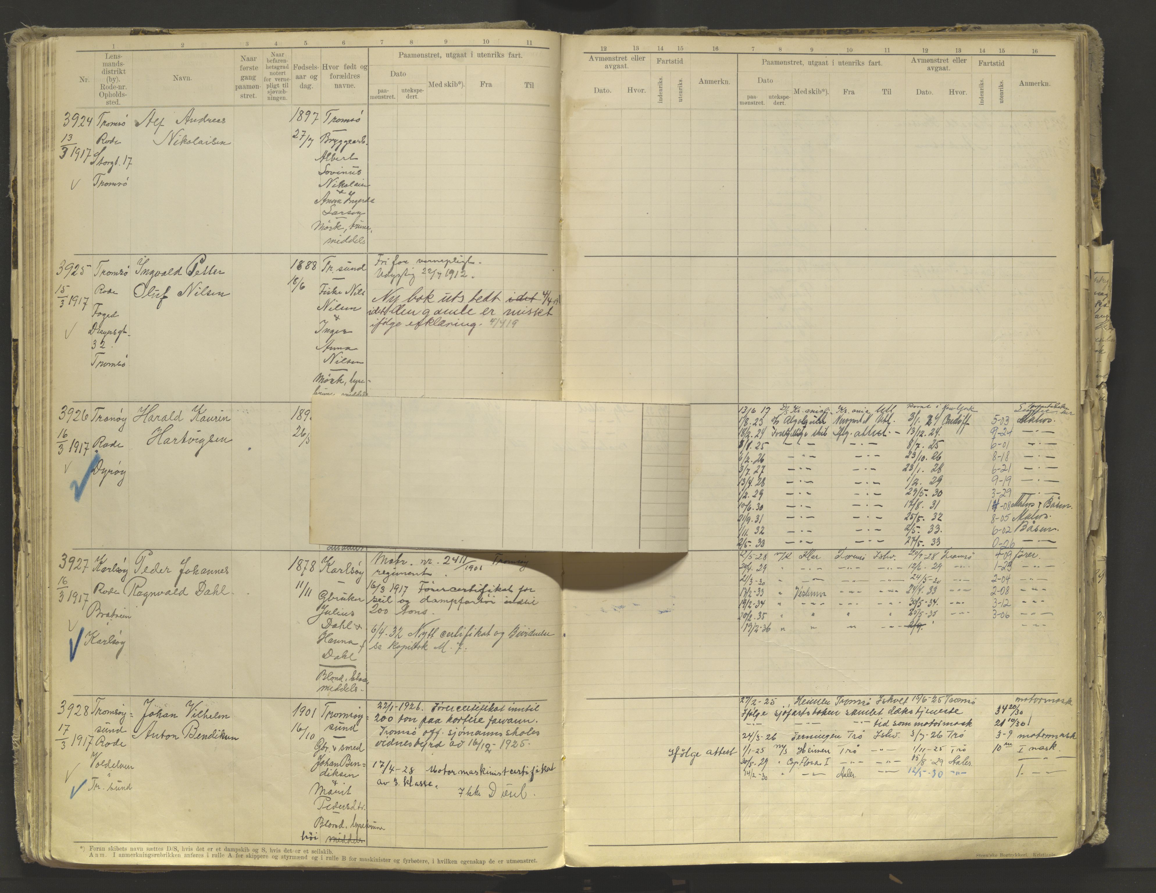 Tromsø sjømannskontor/innrullerings-/mønstringsdistrikt, AV/SATØ-S-0243/F/Fb/L0010: Annotasjonsrulle. Defekt: løs innbinding. Nr. 3519-4972, 1916-1920