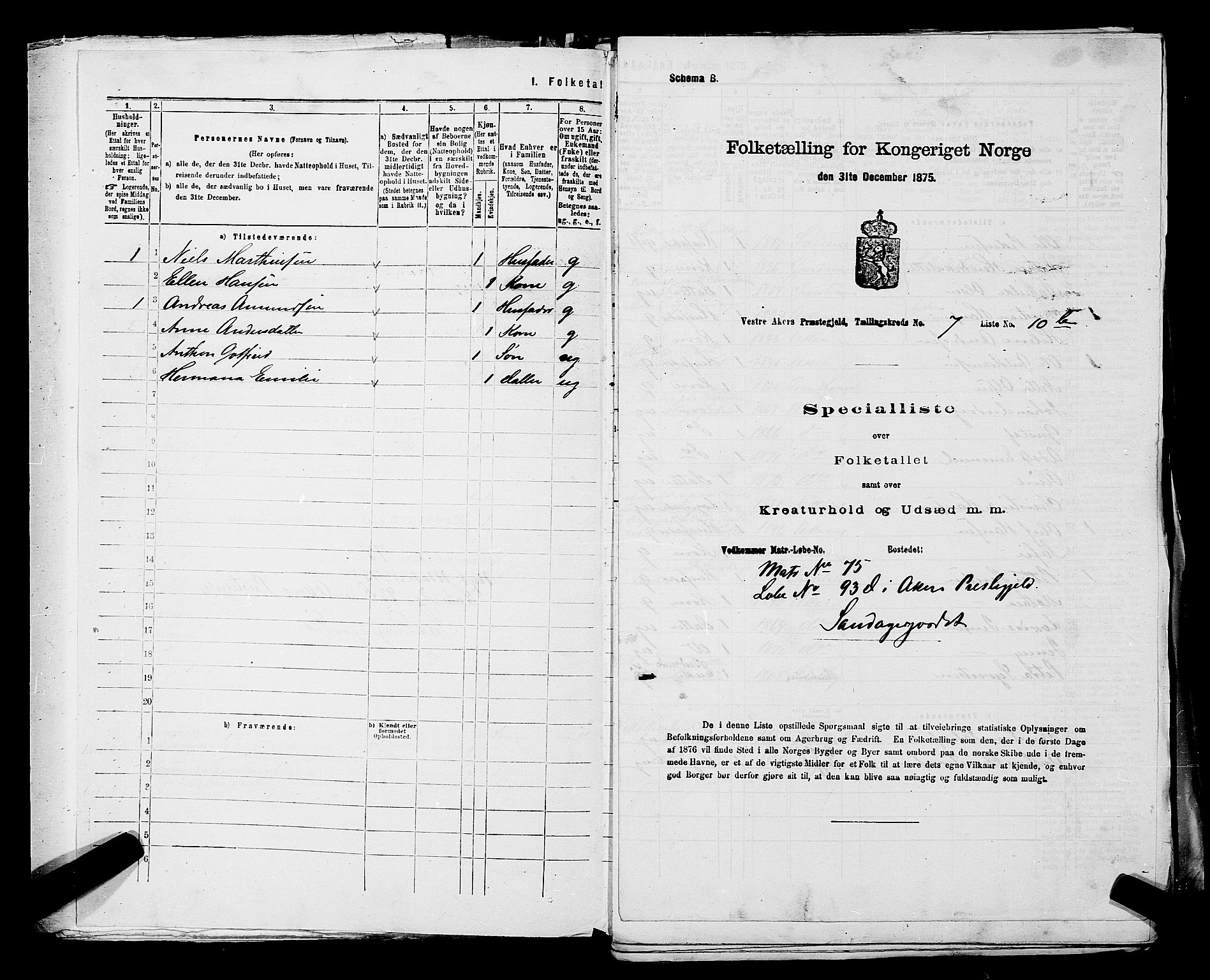 RA, 1875 census for 0218aP Vestre Aker, 1875, p. 1166