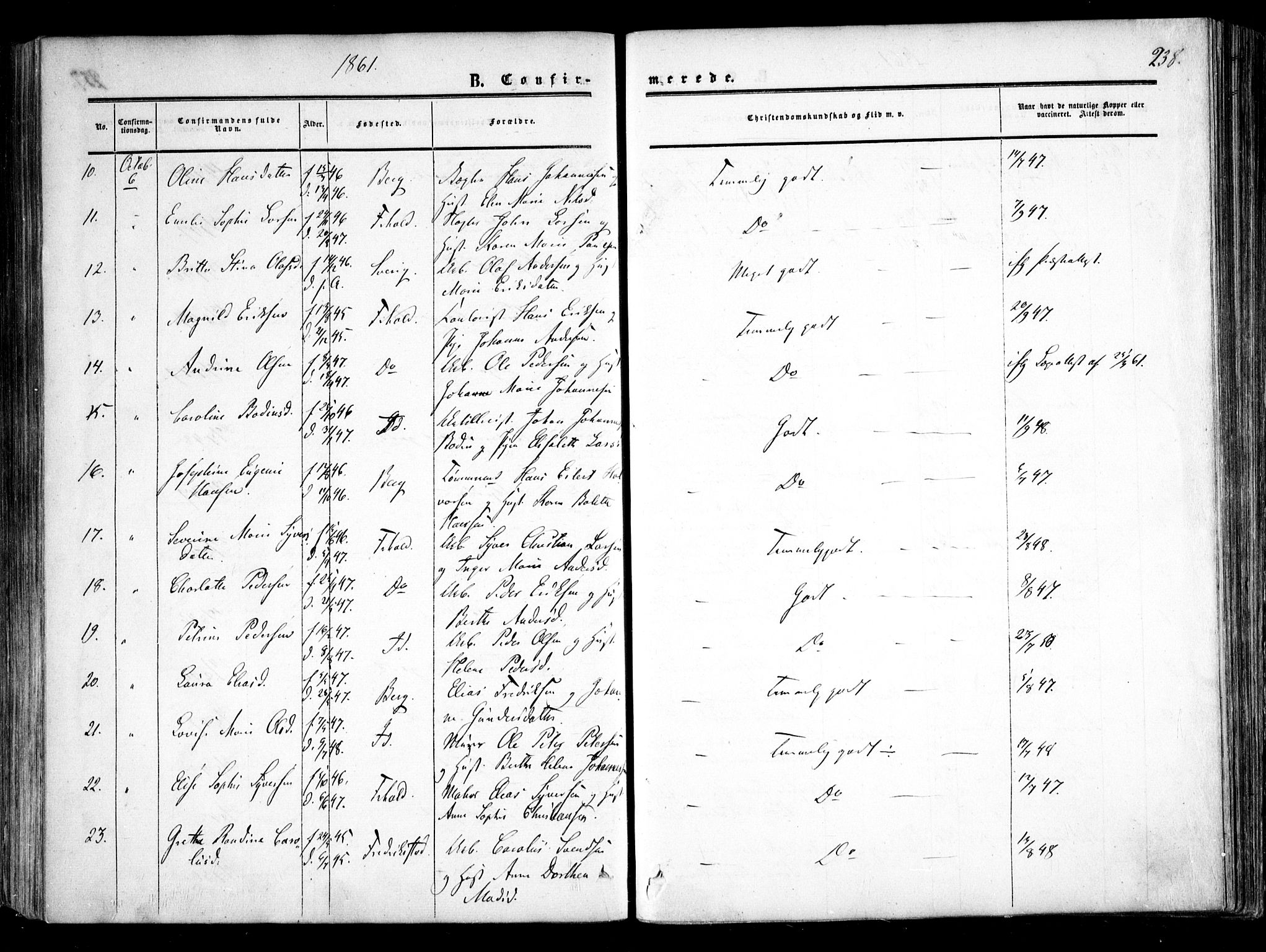 Halden prestekontor Kirkebøker, AV/SAO-A-10909/F/Fa/L0007: Parish register (official) no. I 7, 1857-1865, p. 238