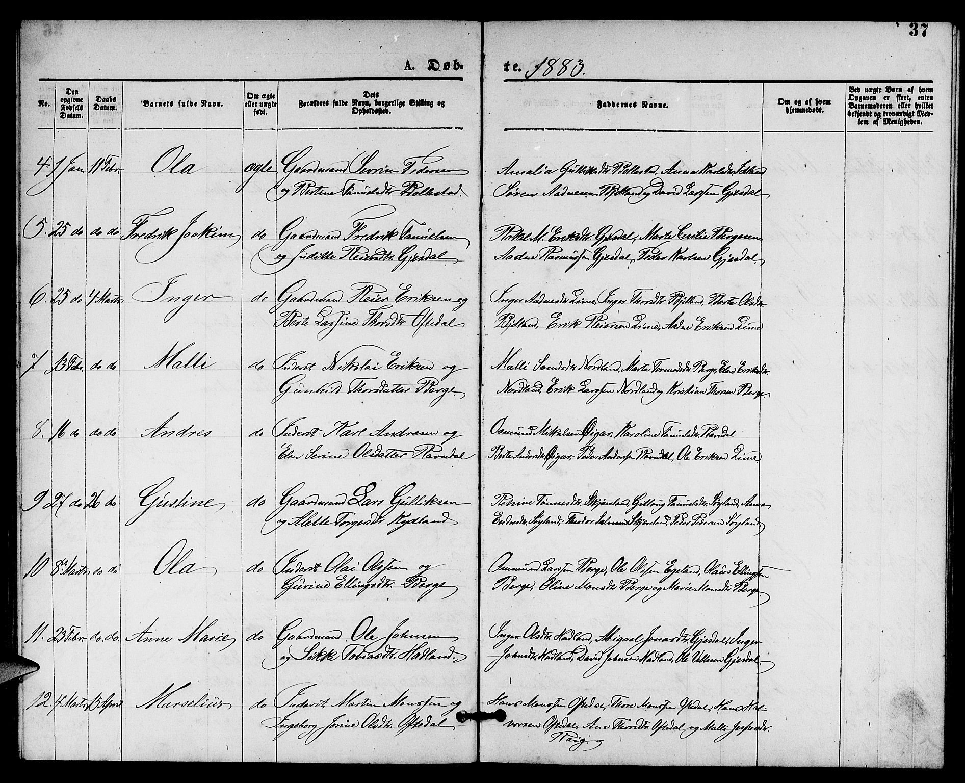 Lye sokneprestkontor, AV/SAST-A-101794/001/30BB/L0005: Parish register (copy) no. B 5, 1875-1886, p. 37