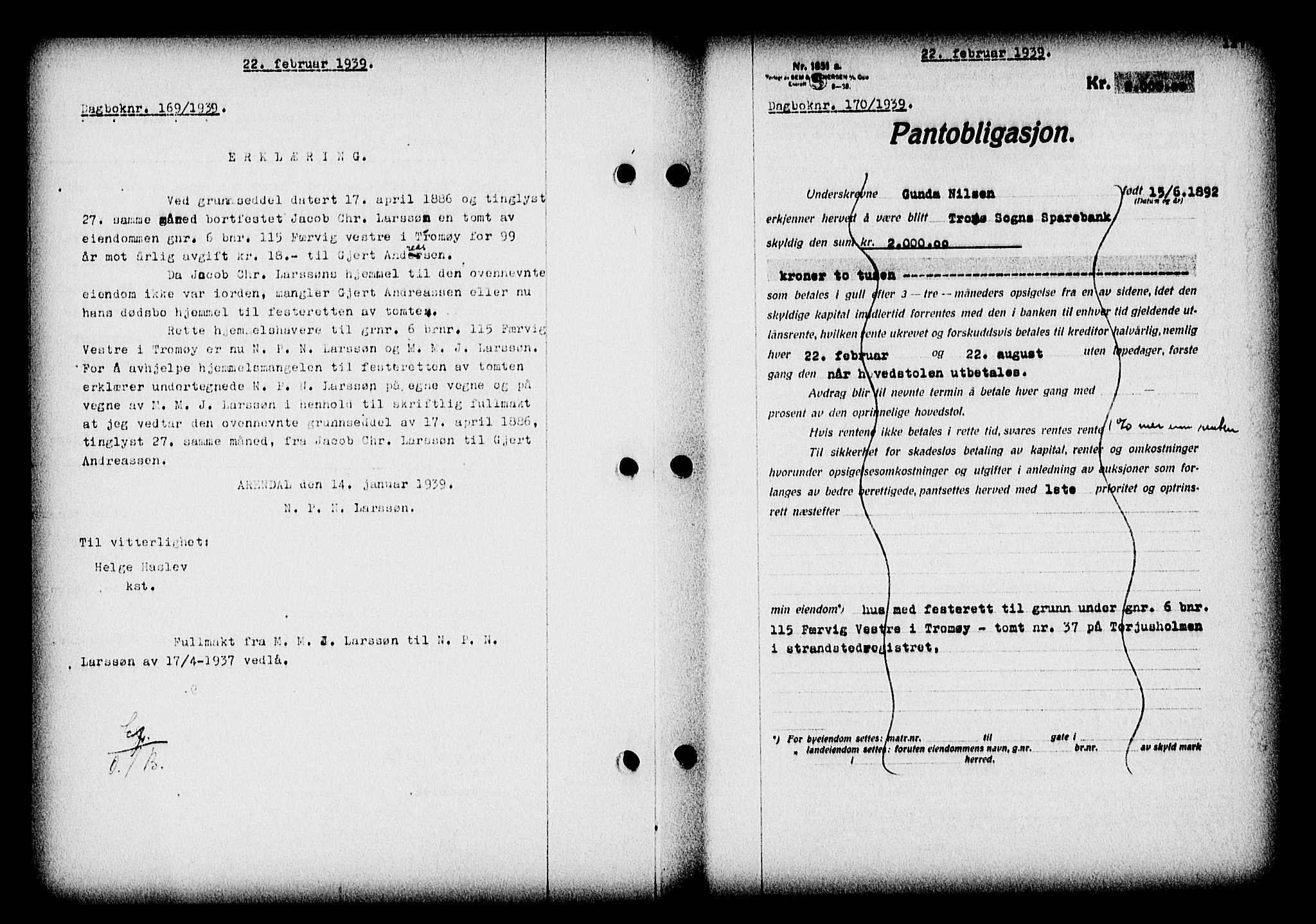 Nedenes sorenskriveri, SAK/1221-0006/G/Gb/Gba/L0046: Mortgage book no. 42, 1938-1939, Diary no: : 170/1939