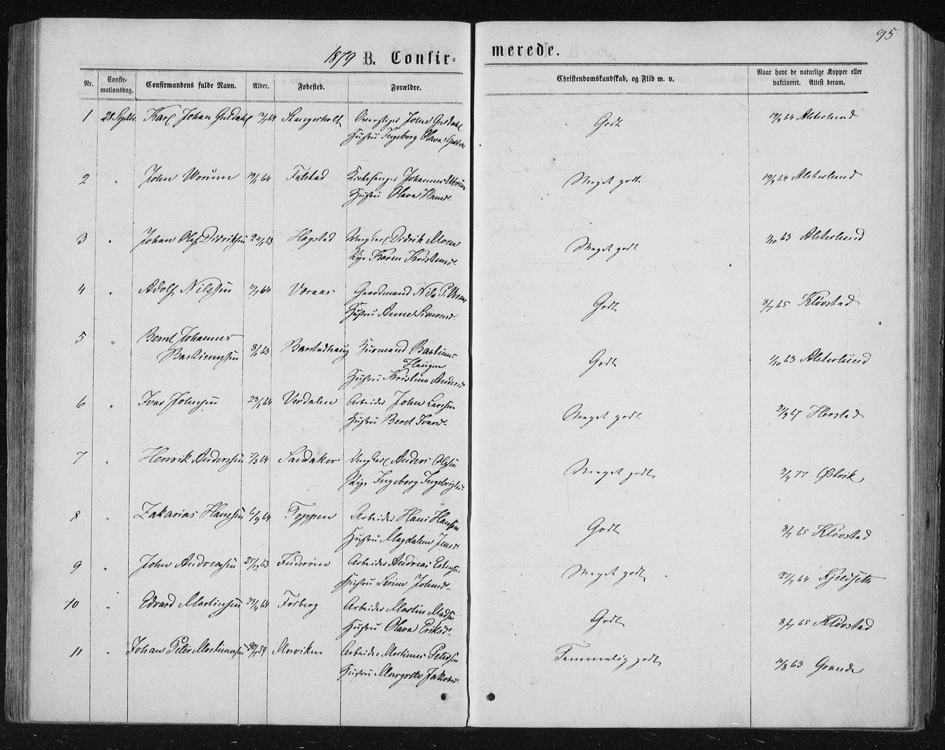 Ministerialprotokoller, klokkerbøker og fødselsregistre - Nord-Trøndelag, AV/SAT-A-1458/722/L0219: Parish register (official) no. 722A06, 1868-1880, p. 95