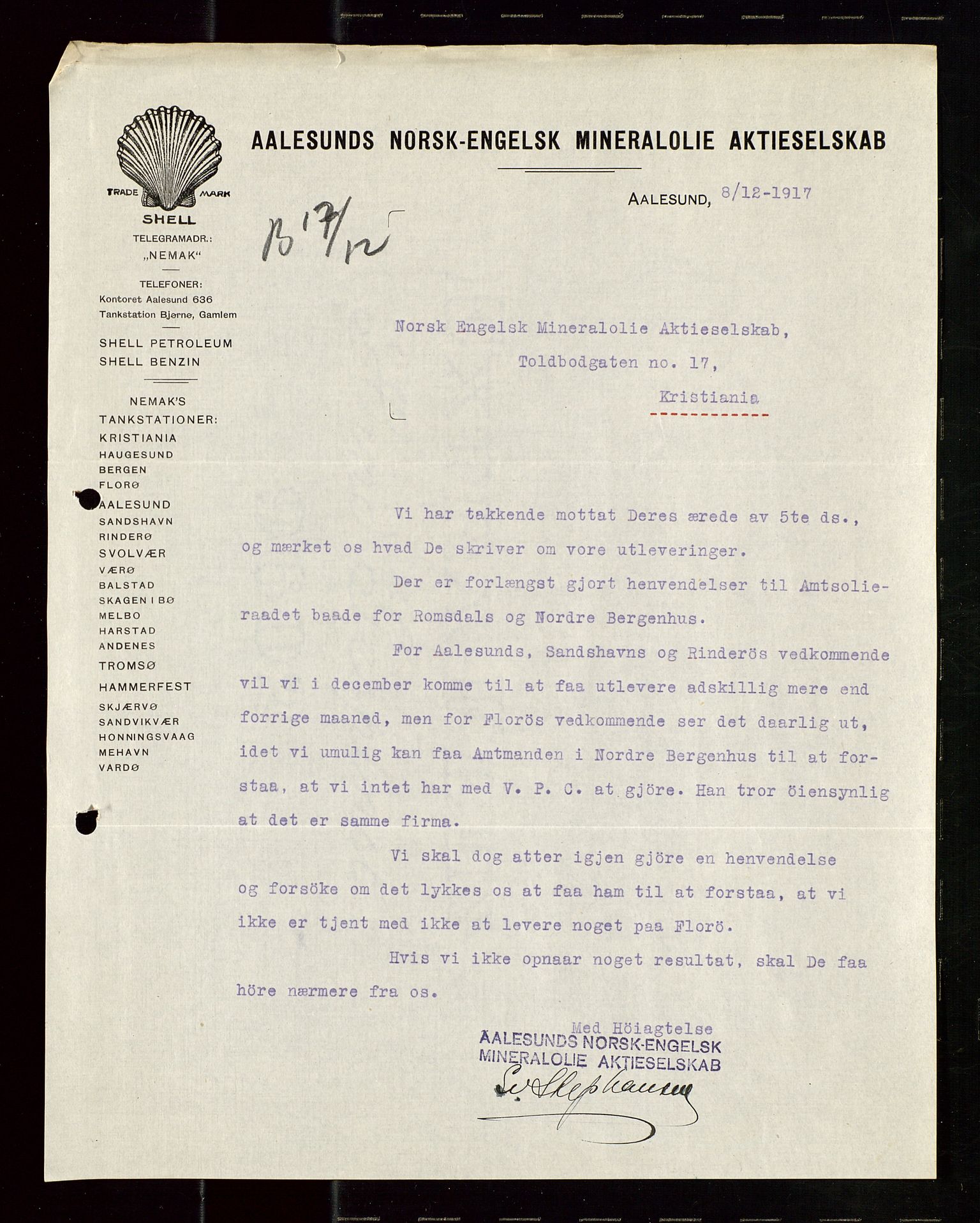 Pa 1521 - A/S Norske Shell, AV/SAST-A-101915/E/Ea/Eaa/L0019: Sjefskorrespondanse, 1917, p. 249