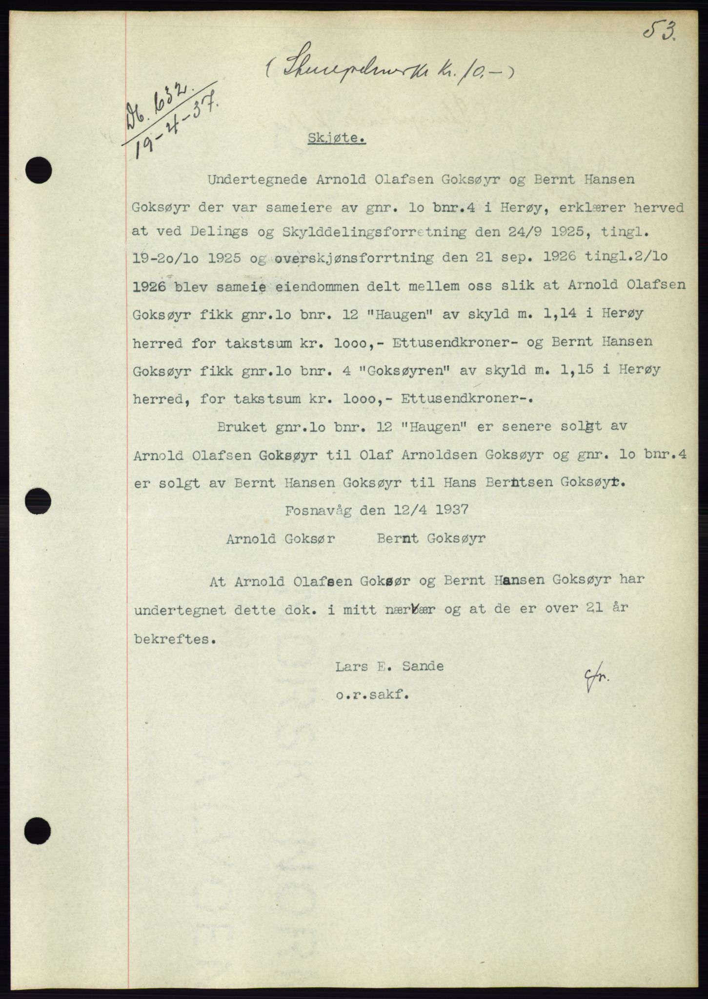 Søre Sunnmøre sorenskriveri, AV/SAT-A-4122/1/2/2C/L0063: Mortgage book no. 57, 1937-1937, Diary no: : 632/1937