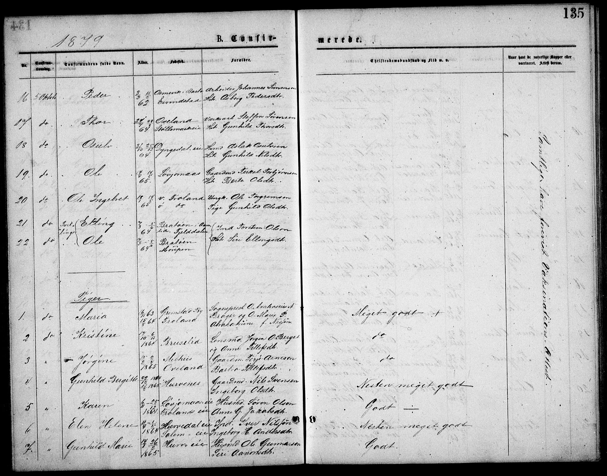 Froland sokneprestkontor, SAK/1111-0013/F/Fb/L0009: Parish register (copy) no. B 9, 1875-1893, p. 135