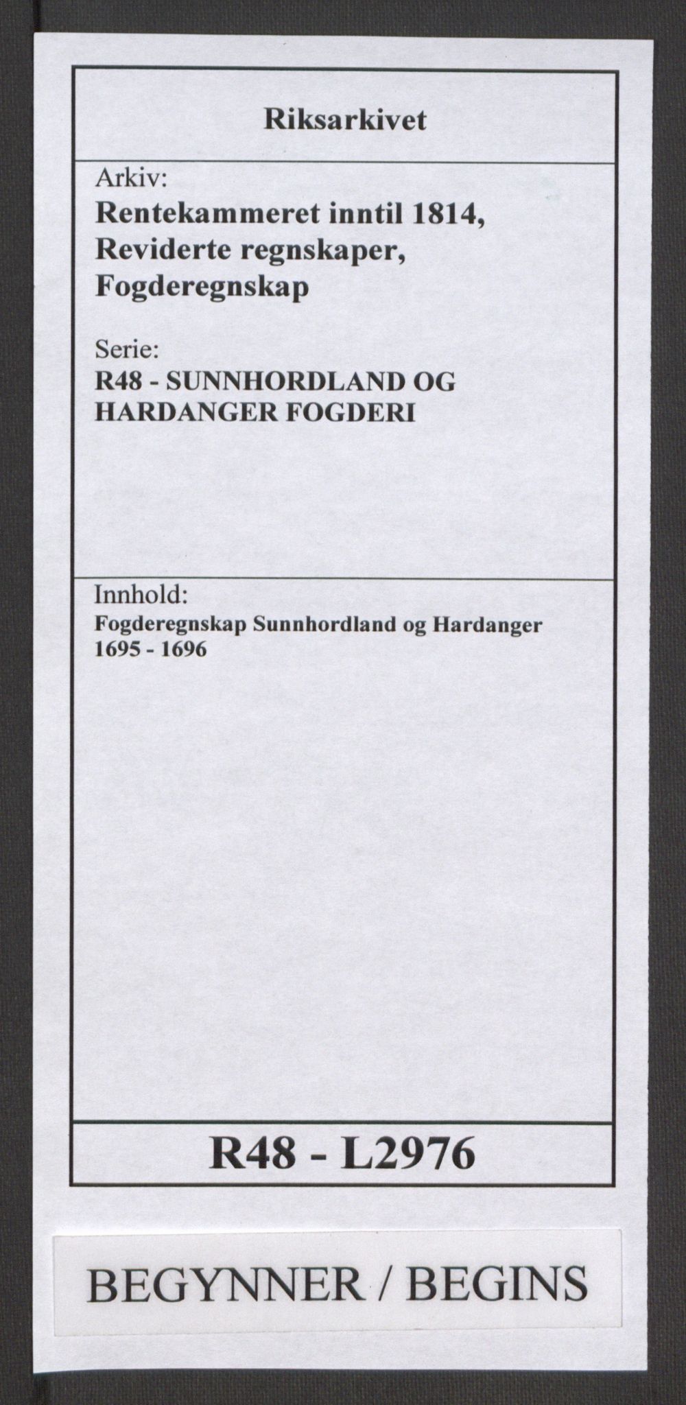 Rentekammeret inntil 1814, Reviderte regnskaper, Fogderegnskap, RA/EA-4092/R48/L2976: Fogderegnskap Sunnhordland og Hardanger, 1695-1696, p. 1