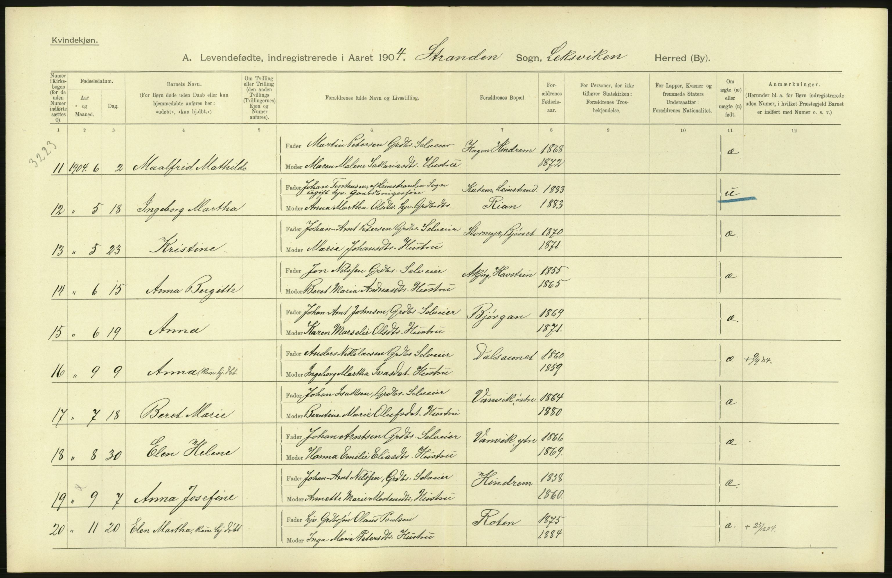 Statistisk sentralbyrå, Sosiodemografiske emner, Befolkning, AV/RA-S-2228/D/Df/Dfa/Dfab/L0019: Nordre Trondhjems amt: Fødte, gifte, døde, 1904, p. 98