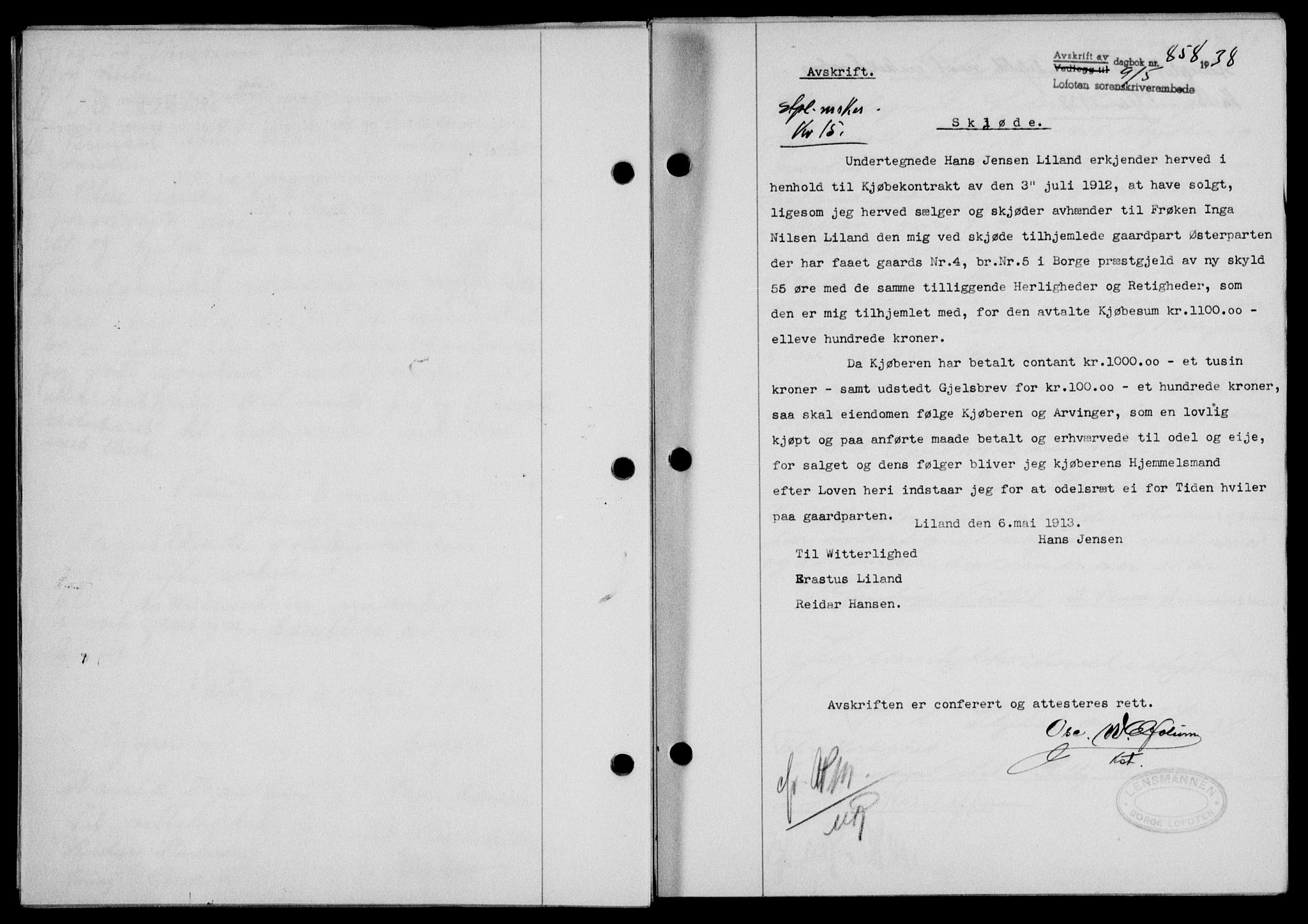 Lofoten sorenskriveri, SAT/A-0017/1/2/2C/L0004a: Mortgage book no. 4a, 1938-1938, Diary no: : 858/1938