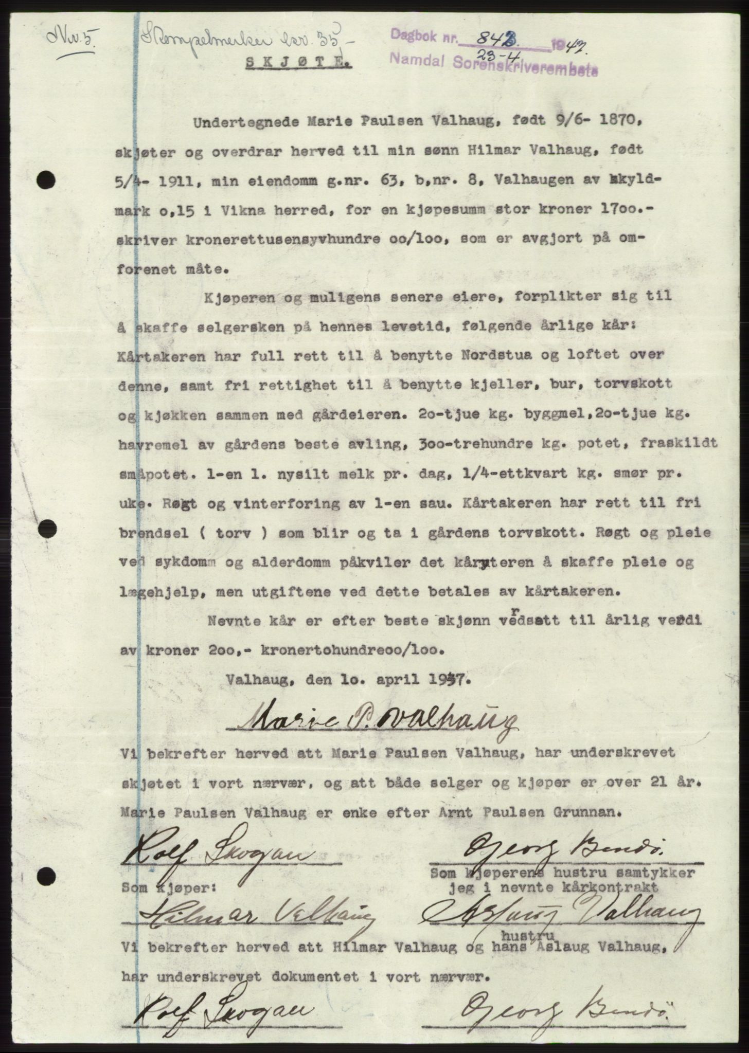 Namdal sorenskriveri, AV/SAT-A-4133/1/2/2C: Mortgage book no. -, 1947-1947, Diary no: : 842/1947