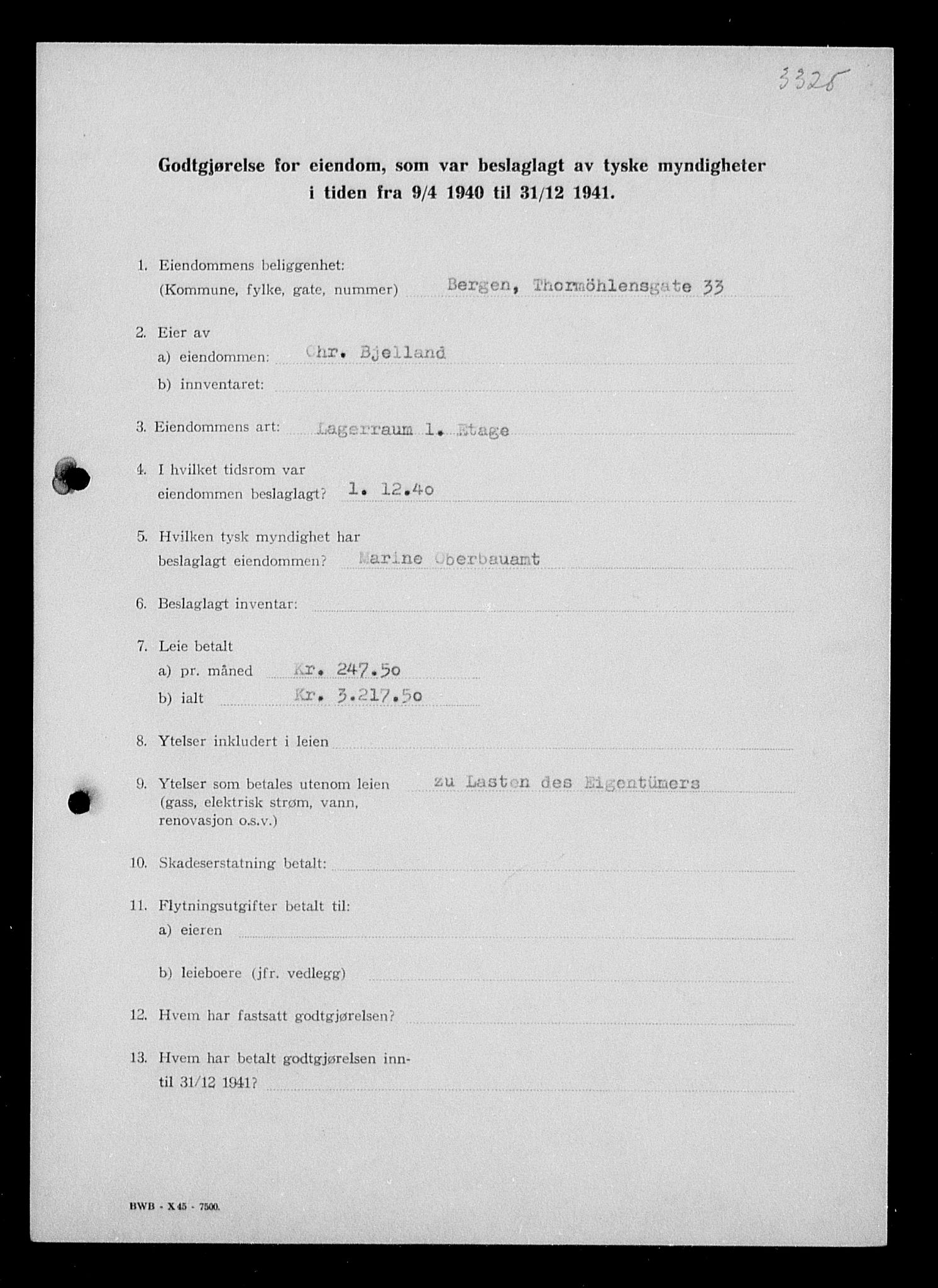 Justisdepartementet, Tilbakeføringskontoret for inndratte formuer, AV/RA-S-1564/I/L1016: Godtgjørelse for beslaglagt eiendom, 1940-1941, p. 38