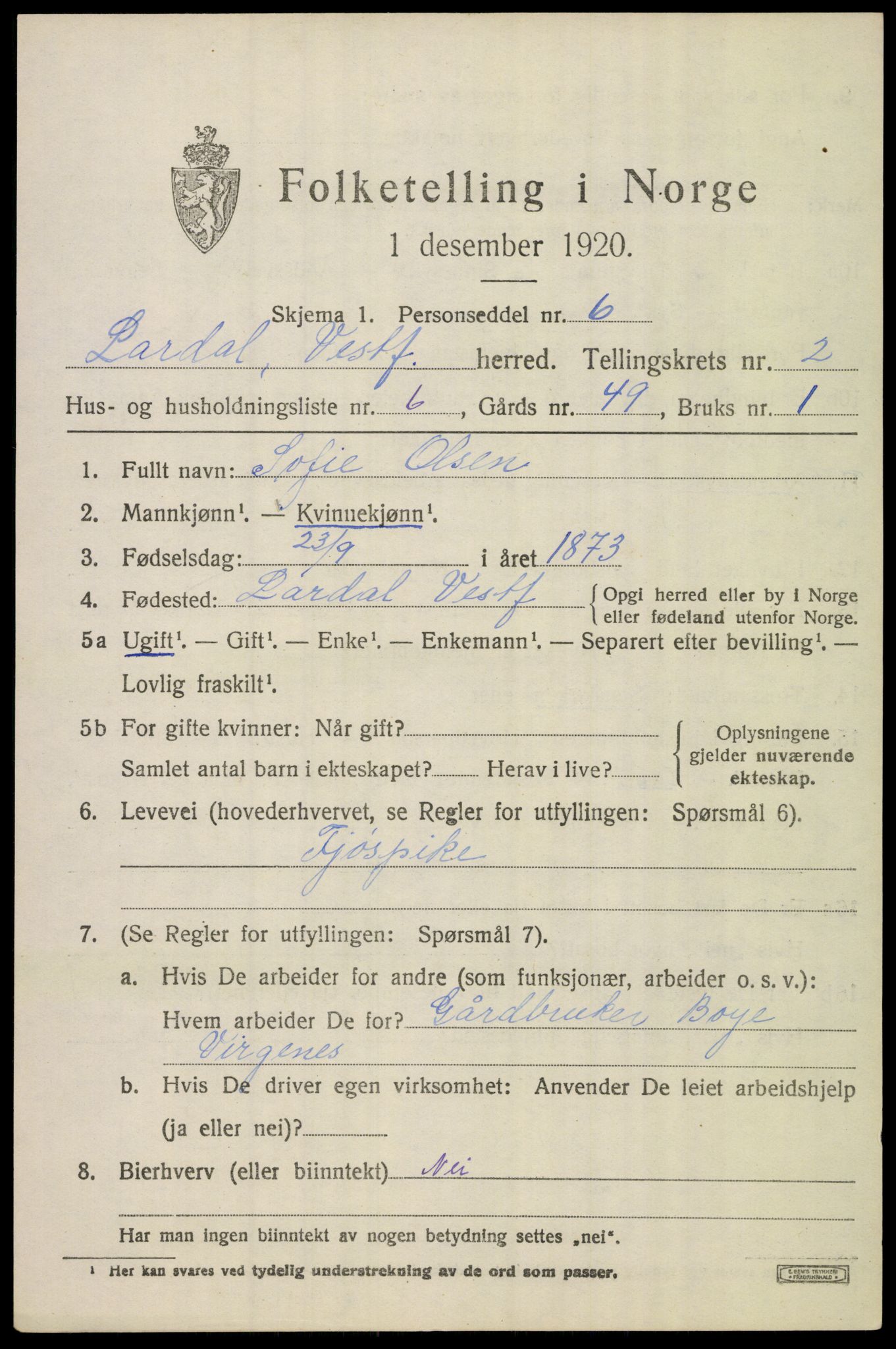 SAKO, 1920 census for Lardal, 1920, p. 2017
