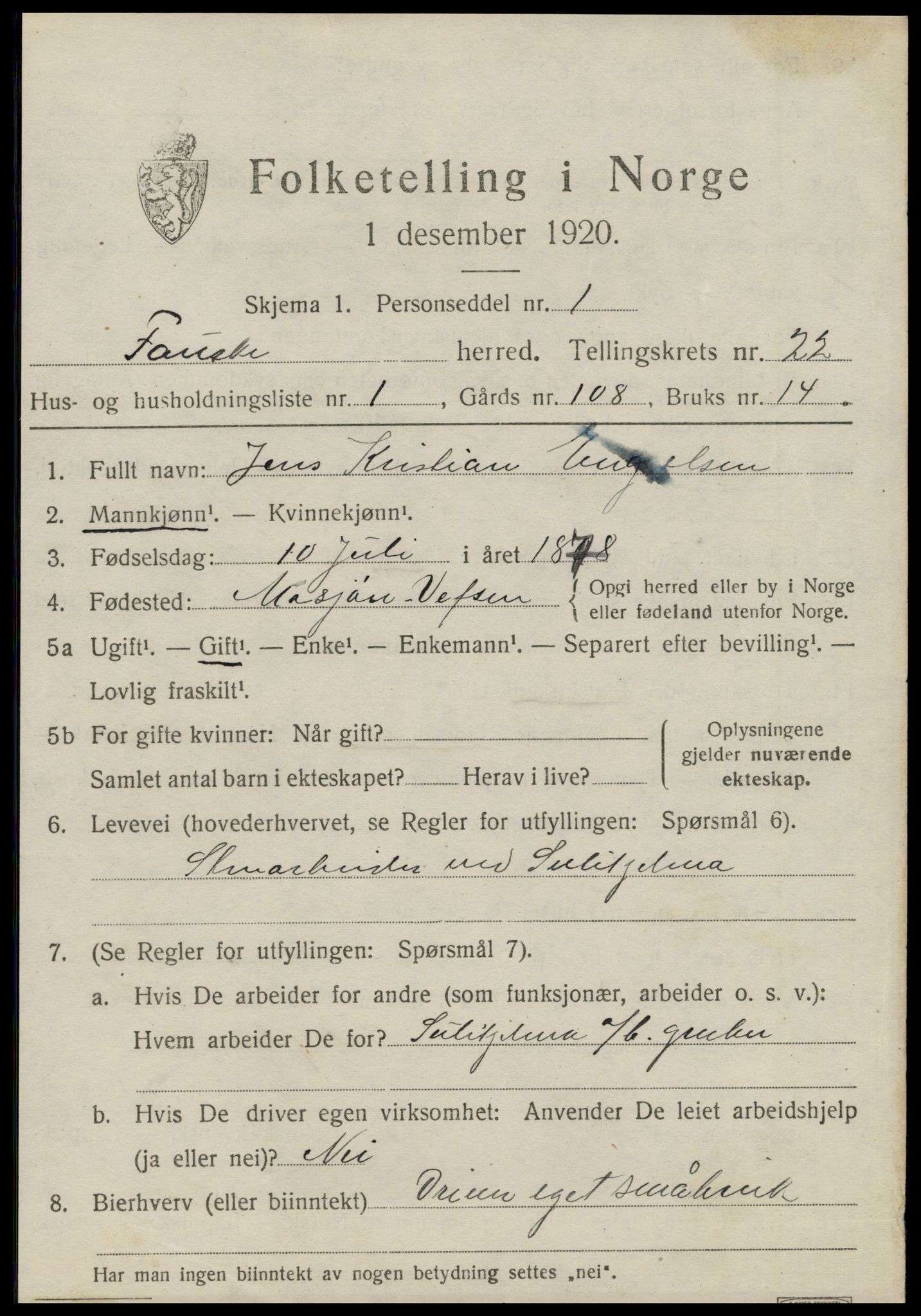 SAT, 1920 census for Fauske, 1920, p. 13490