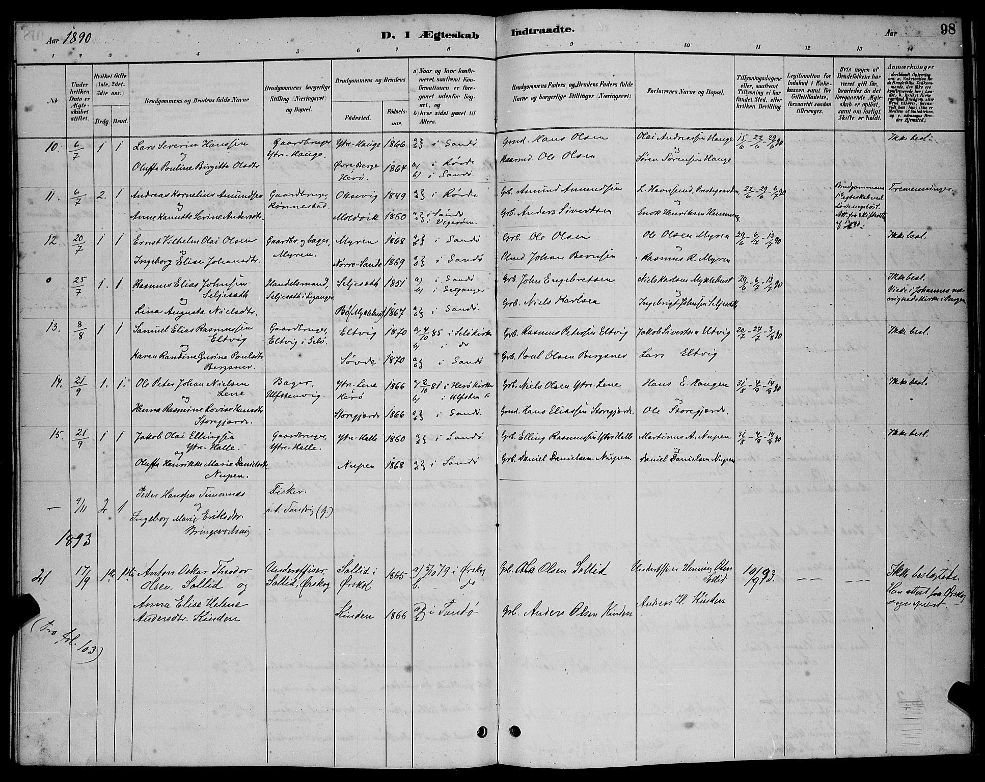 Ministerialprotokoller, klokkerbøker og fødselsregistre - Møre og Romsdal, AV/SAT-A-1454/503/L0048: Parish register (copy) no. 503C03, 1885-1893, p. 98