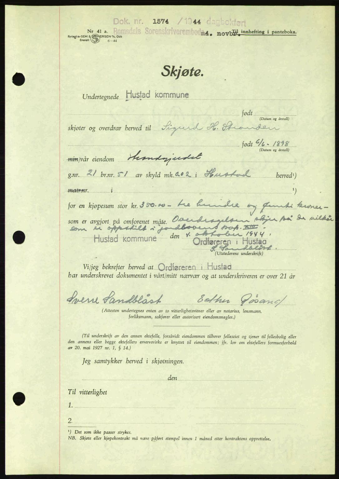 Romsdal sorenskriveri, AV/SAT-A-4149/1/2/2C: Mortgage book no. A17, 1944-1945, Diary no: : 1574/1944