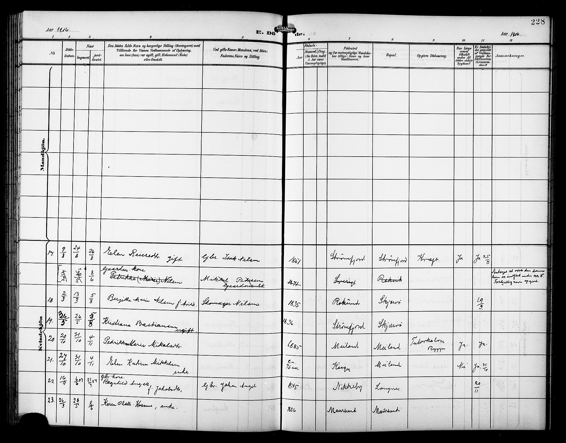 Skjervøy sokneprestkontor, AV/SATØ-S-1300/H/Ha/Hab/L0008klokker: Parish register (copy) no. 8, 1900-1910, p. 228