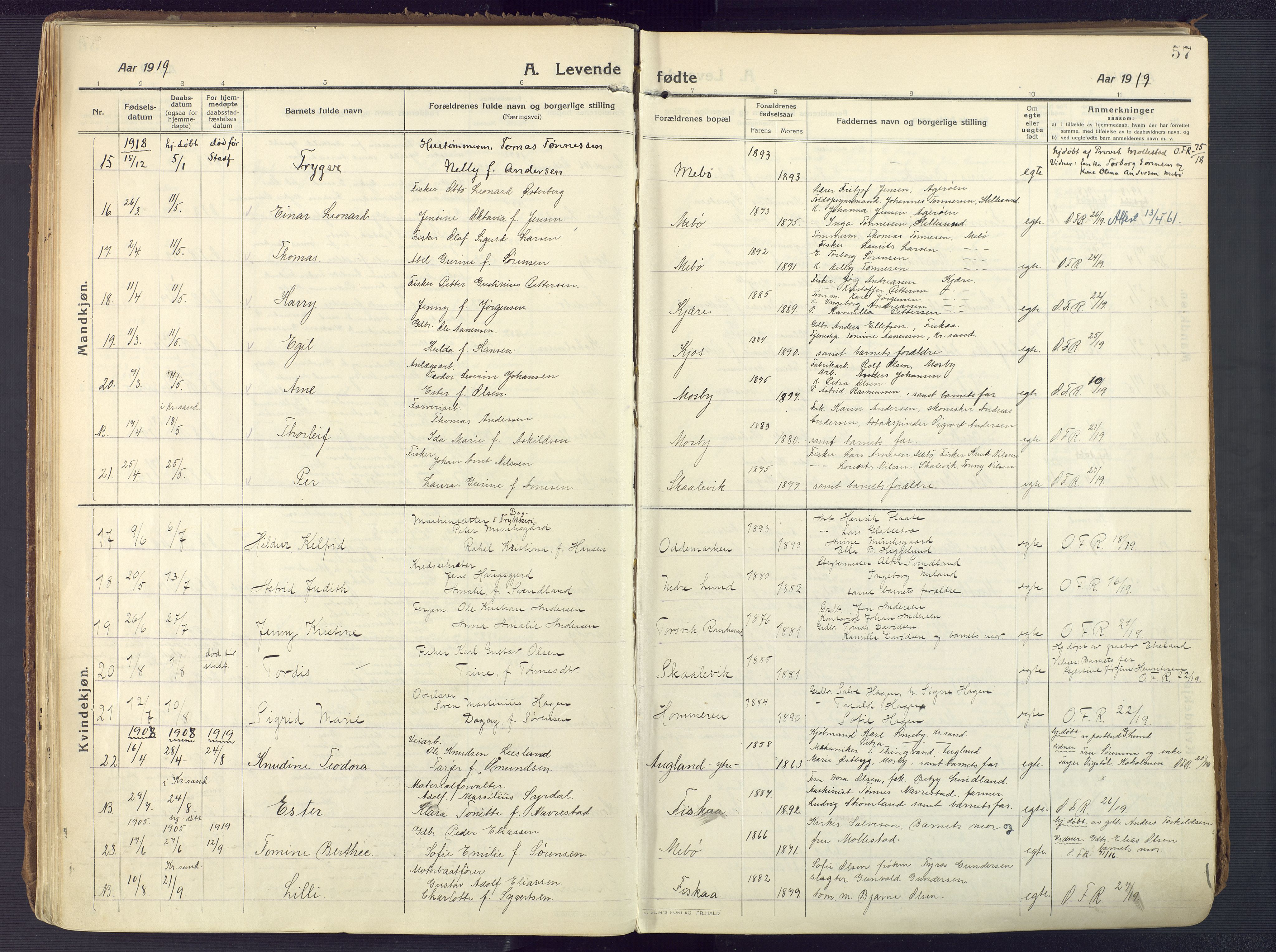 Oddernes sokneprestkontor, AV/SAK-1111-0033/F/Fa/Faa/L0012: Parish register (official) no. A 12, 1912-1925, p. 57