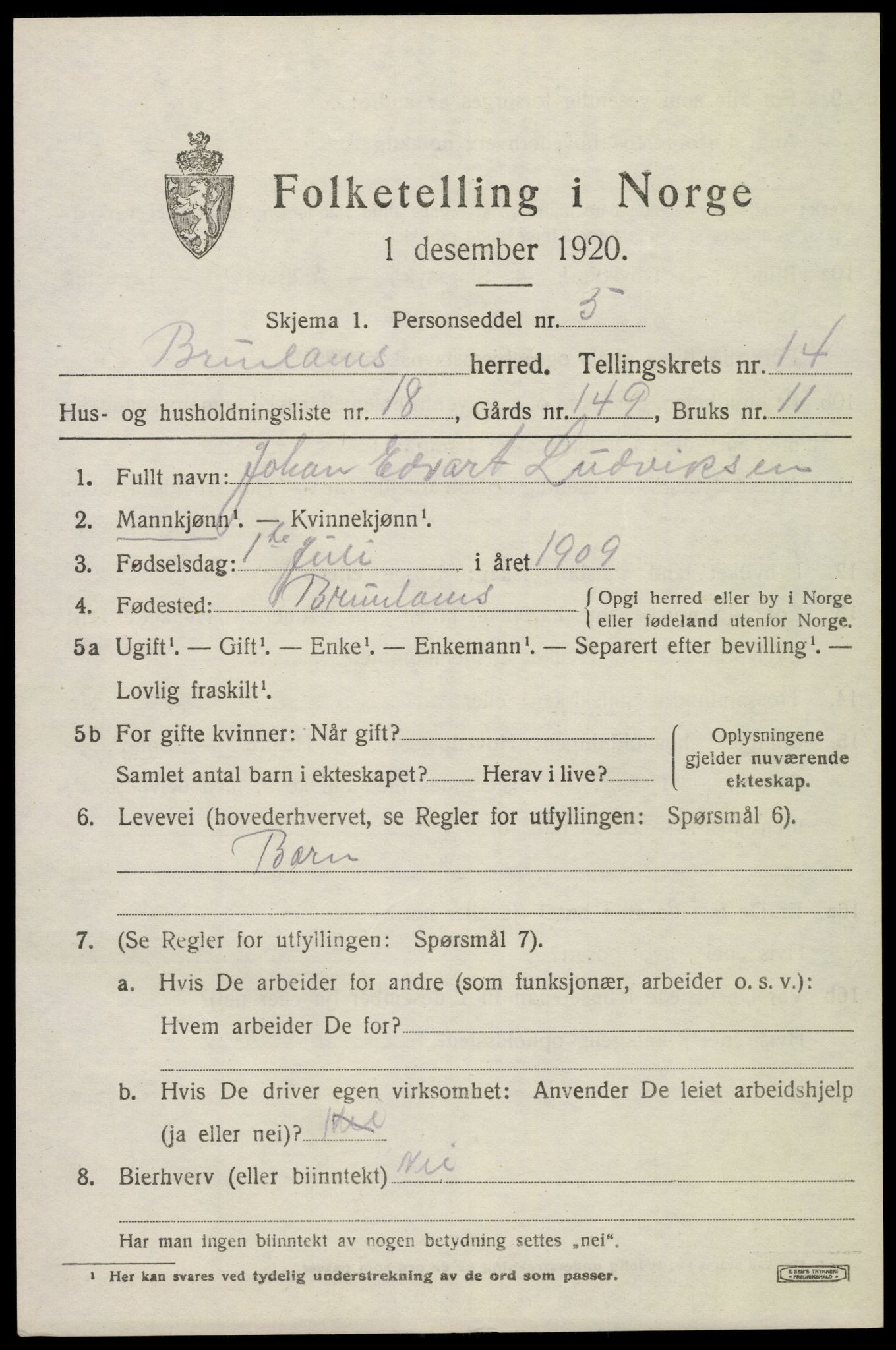 SAKO, 1920 census for Brunlanes, 1920, p. 11547