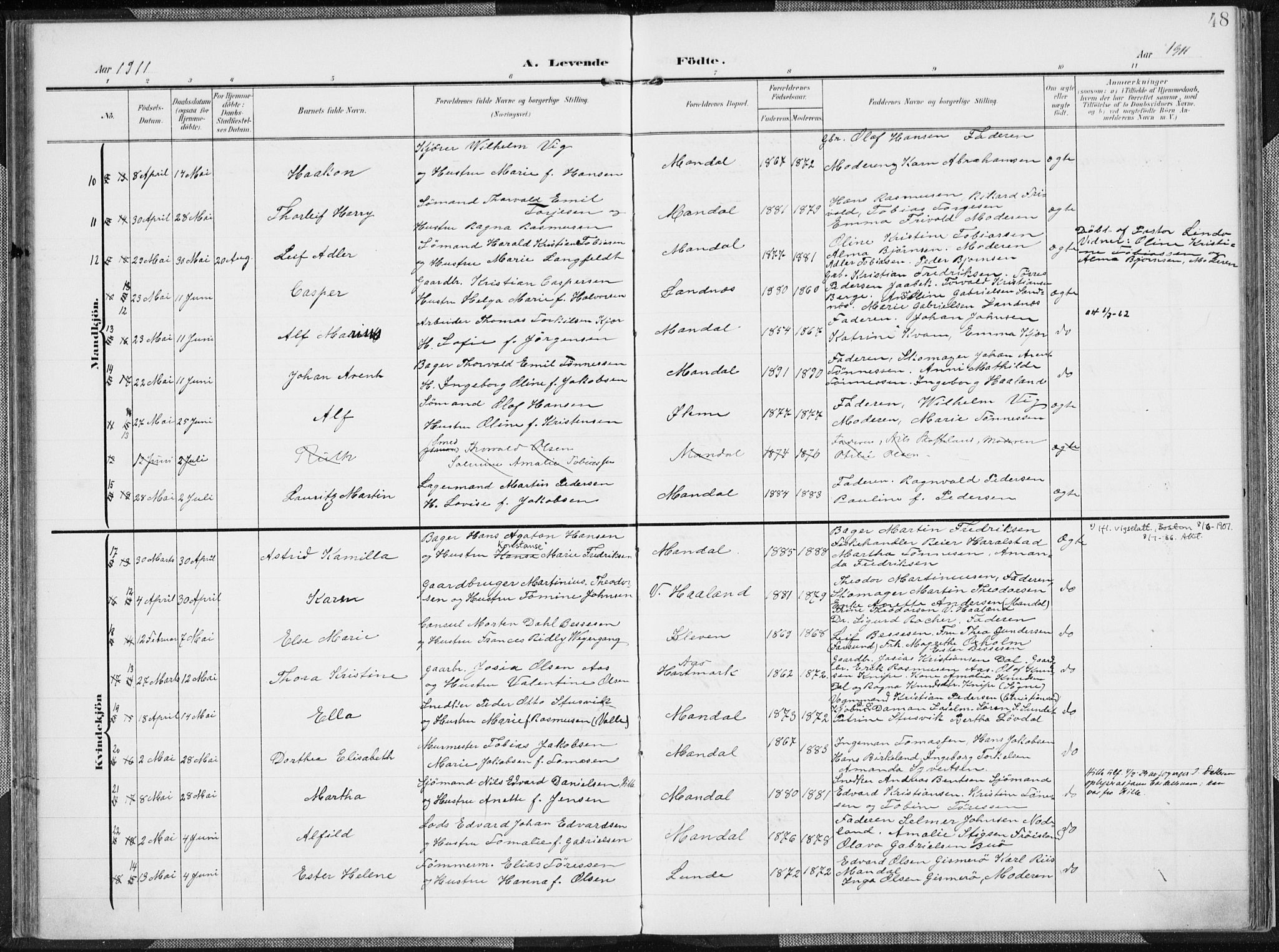 Mandal sokneprestkontor, AV/SAK-1111-0030/F/Fa/Faa/L0020: Parish register (official) no. A 20, 1906-1912, p. 48