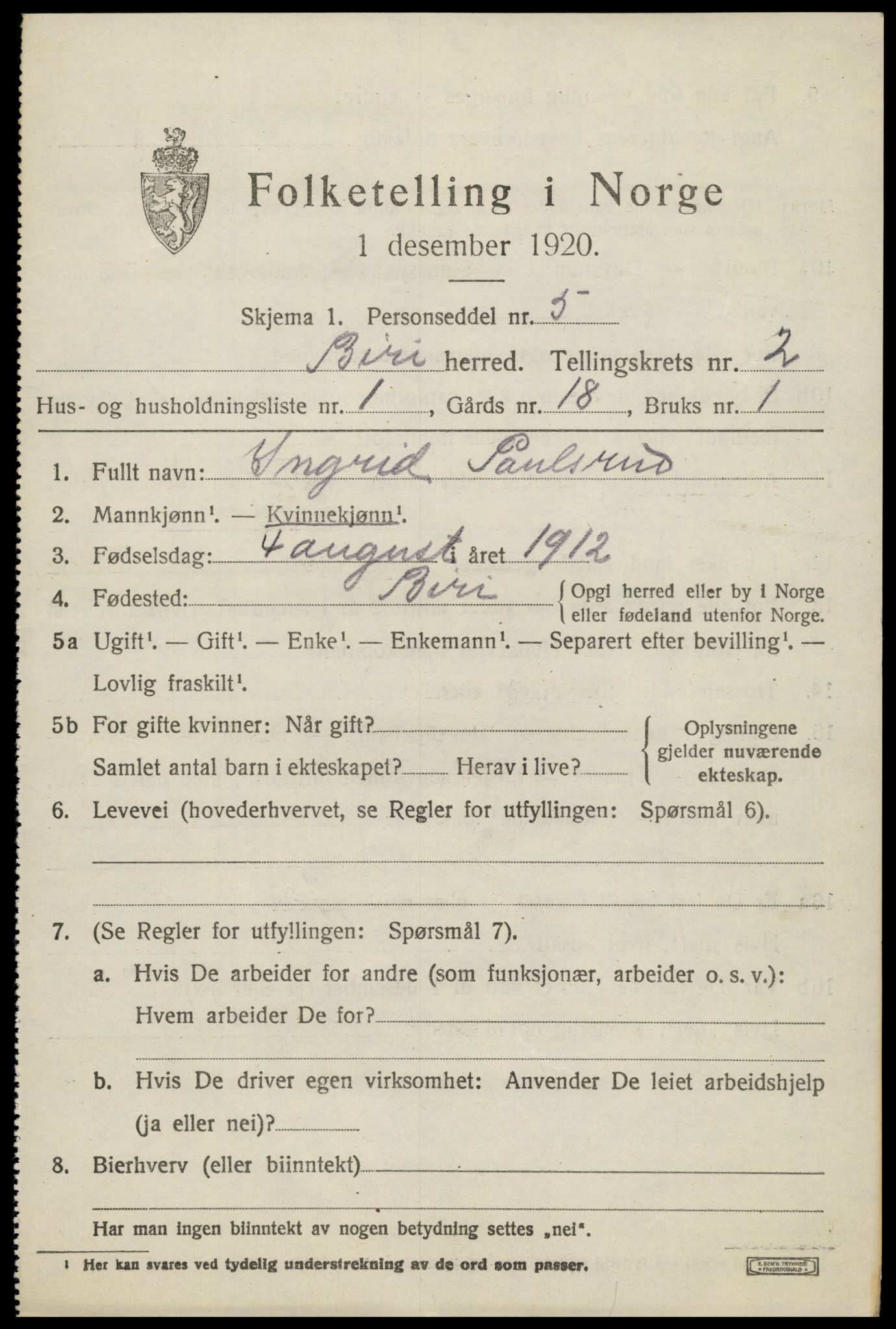 SAH, 1920 census for Biri, 1920, p. 2033