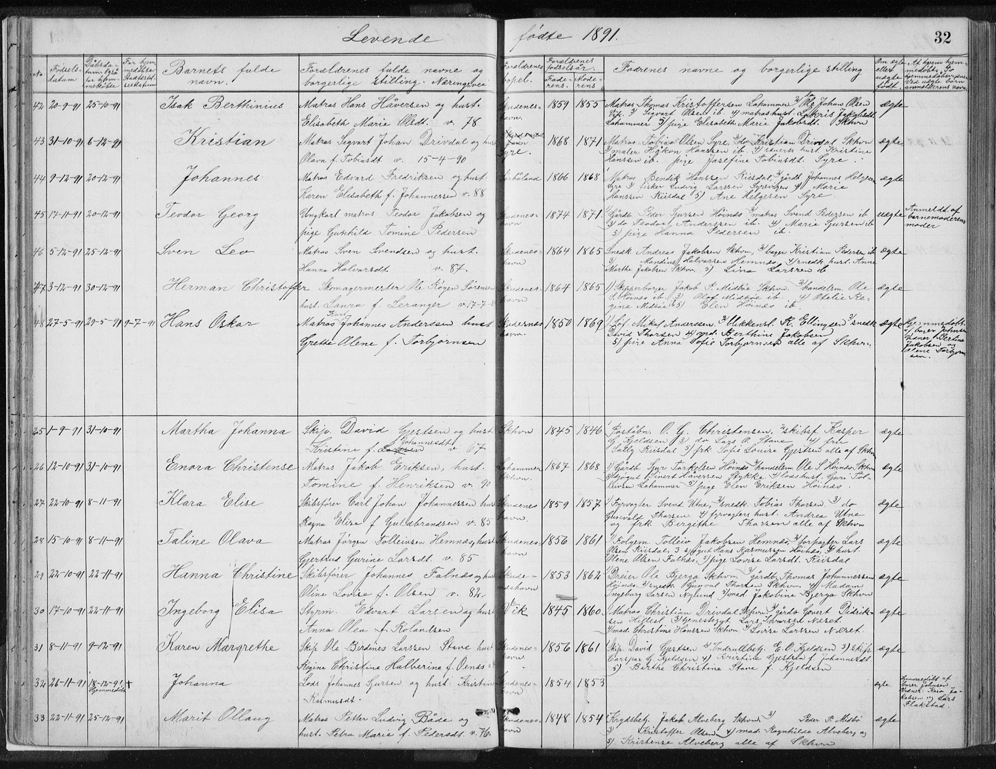 Skudenes sokneprestkontor, AV/SAST-A -101849/H/Ha/Hab/L0007: Parish register (copy) no. B 7, 1885-1899, p. 32