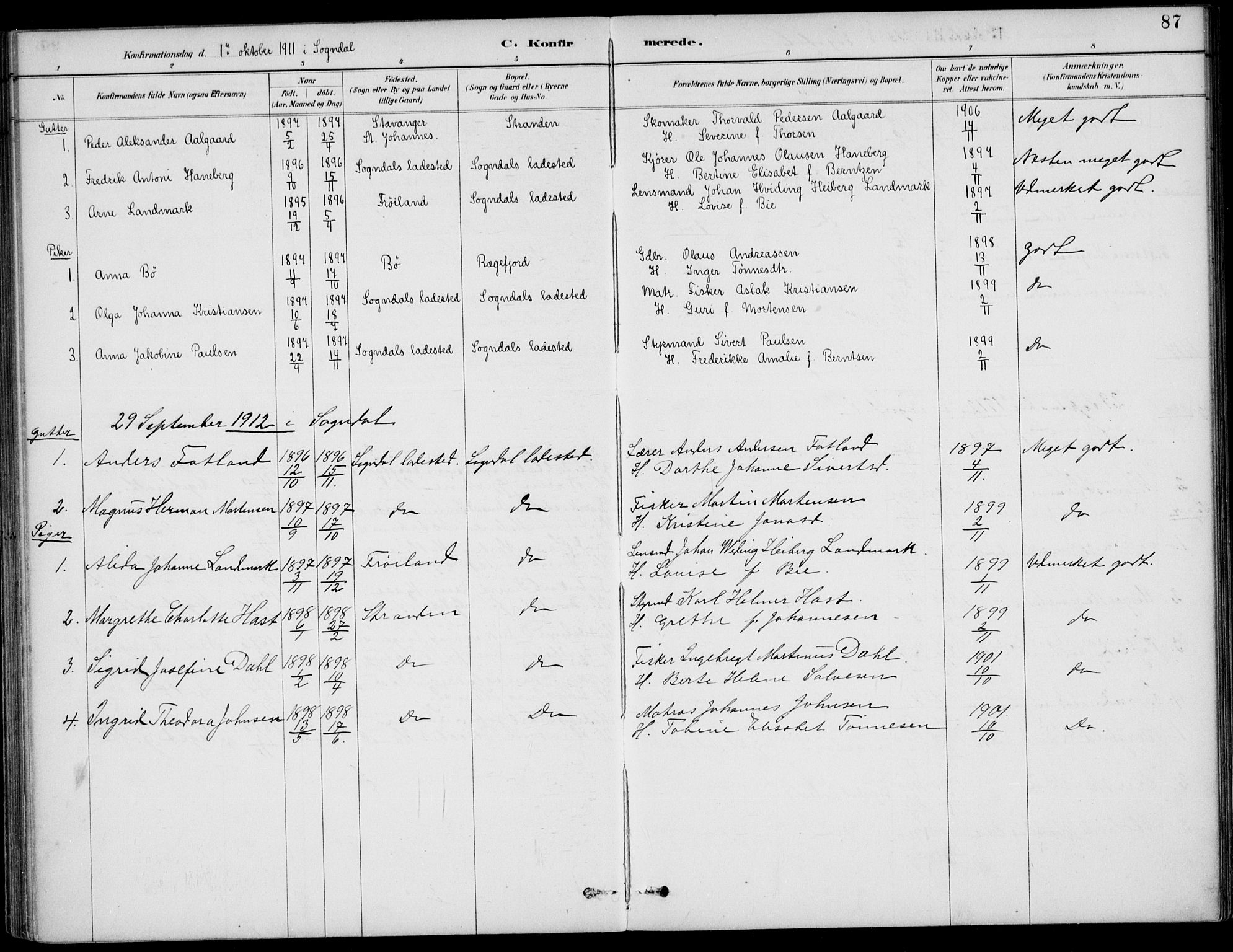 Sokndal sokneprestkontor, AV/SAST-A-101808: Parish register (official) no. A 12, 1887-1927, p. 87