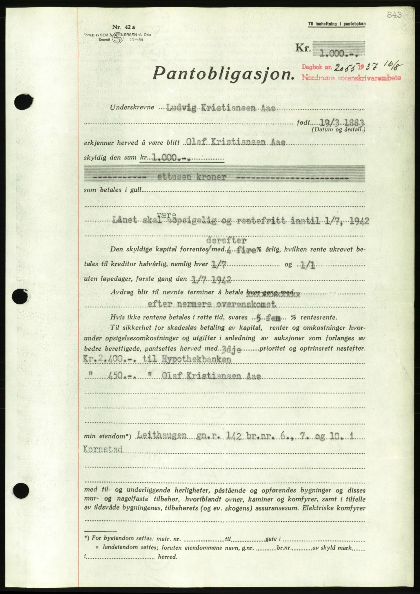 Nordmøre sorenskriveri, AV/SAT-A-4132/1/2/2Ca/L0091: Mortgage book no. B81, 1937-1937, Diary no: : 2055/1937