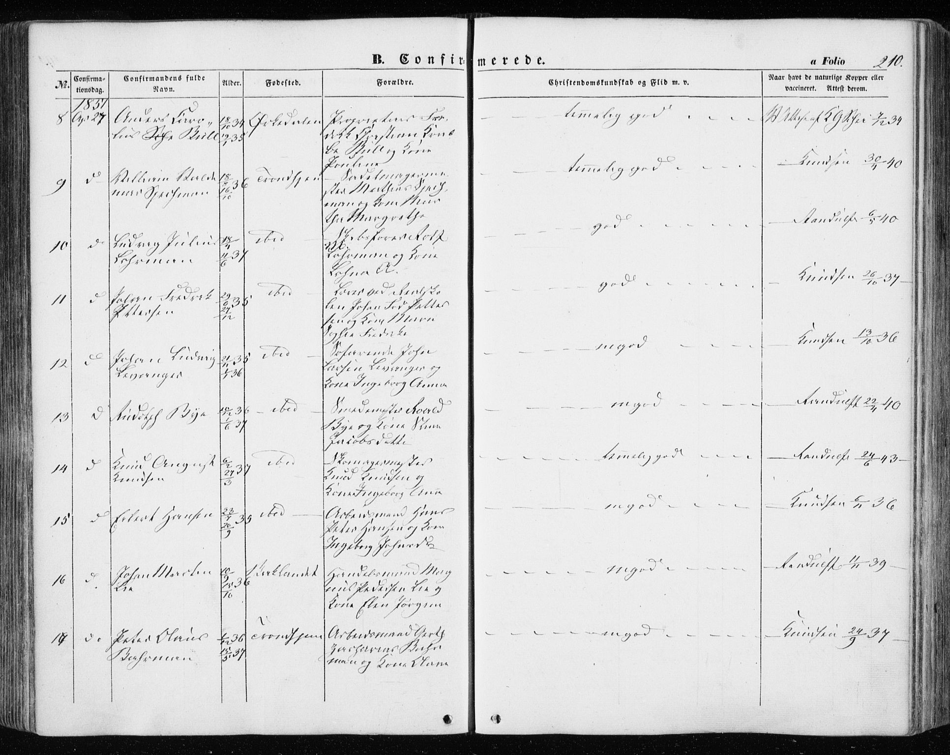 Ministerialprotokoller, klokkerbøker og fødselsregistre - Sør-Trøndelag, SAT/A-1456/601/L0051: Parish register (official) no. 601A19, 1848-1857, p. 210