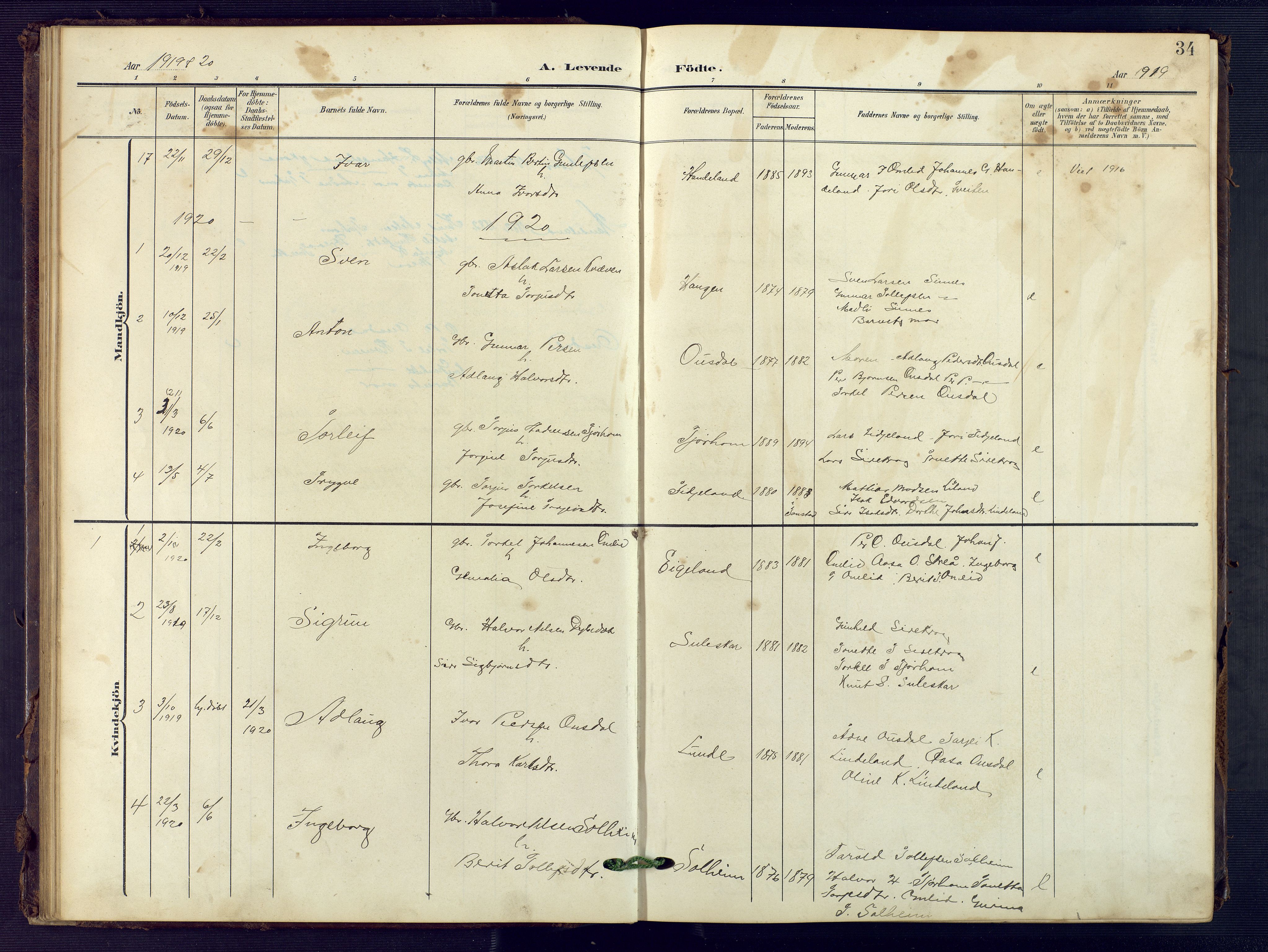 Sirdal sokneprestkontor, SAK/1111-0036/F/Fb/Fba/L0002: Parish register (copy) no. B 2, 1905-1958, p. 34