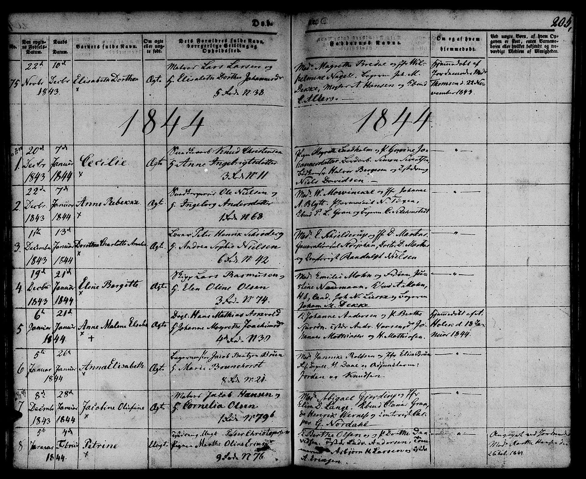 Nykirken Sokneprestembete, SAB/A-77101/H/Hab: Parish register (copy) no. B 1, 1842-1858, p. 205