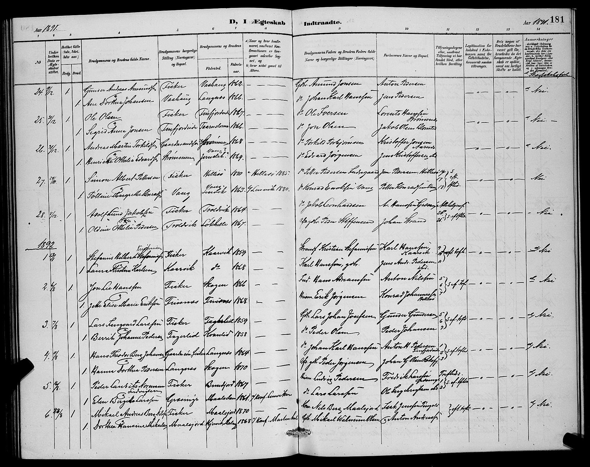 Lenvik sokneprestembete, SATØ/S-1310/H/Ha/Hab/L0007klokker: Parish register (copy) no. 7, 1890-1898, p. 181