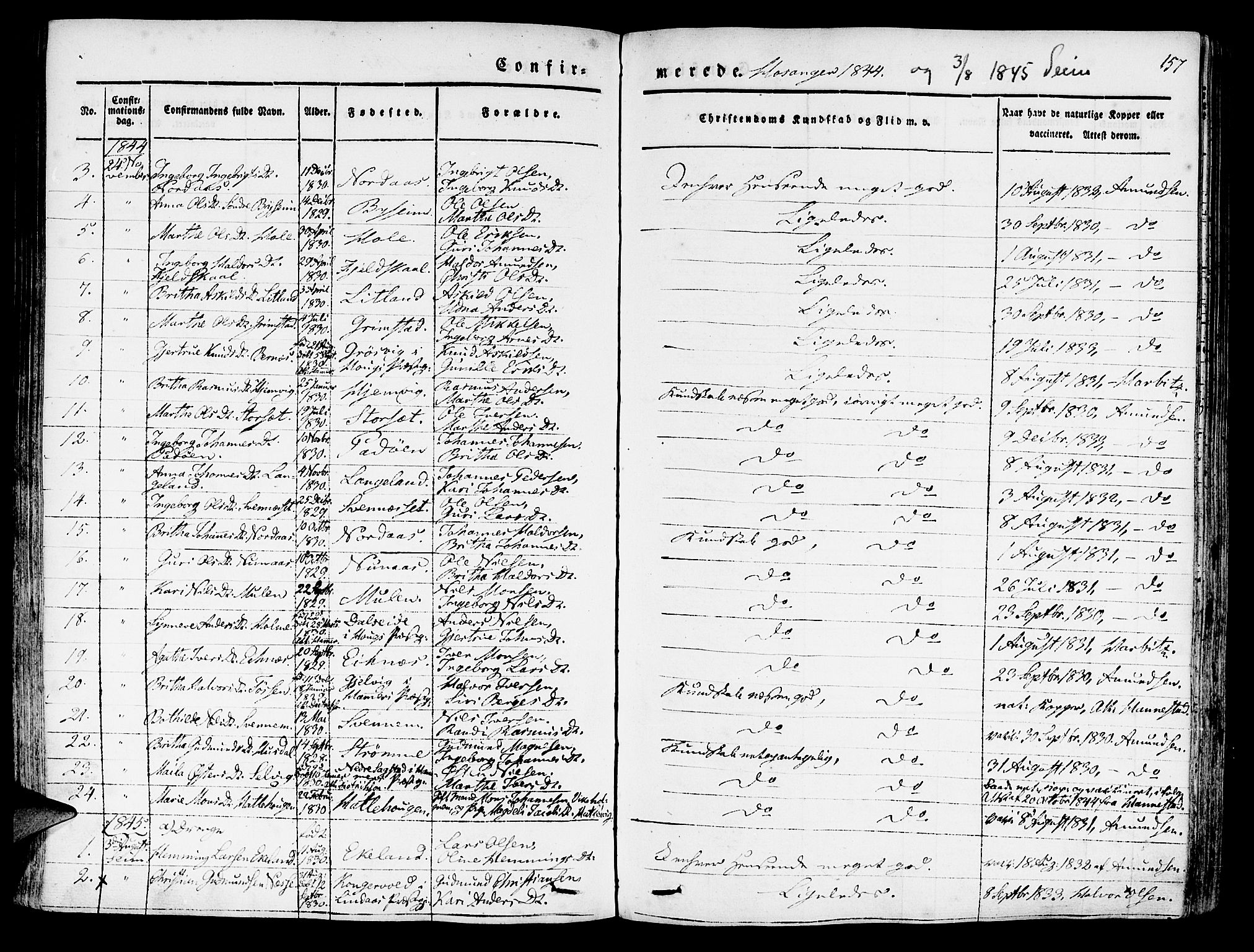 Hosanger sokneprestembete, AV/SAB-A-75801/H/Haa: Parish register (official) no. A 7, 1835-1848, p. 157