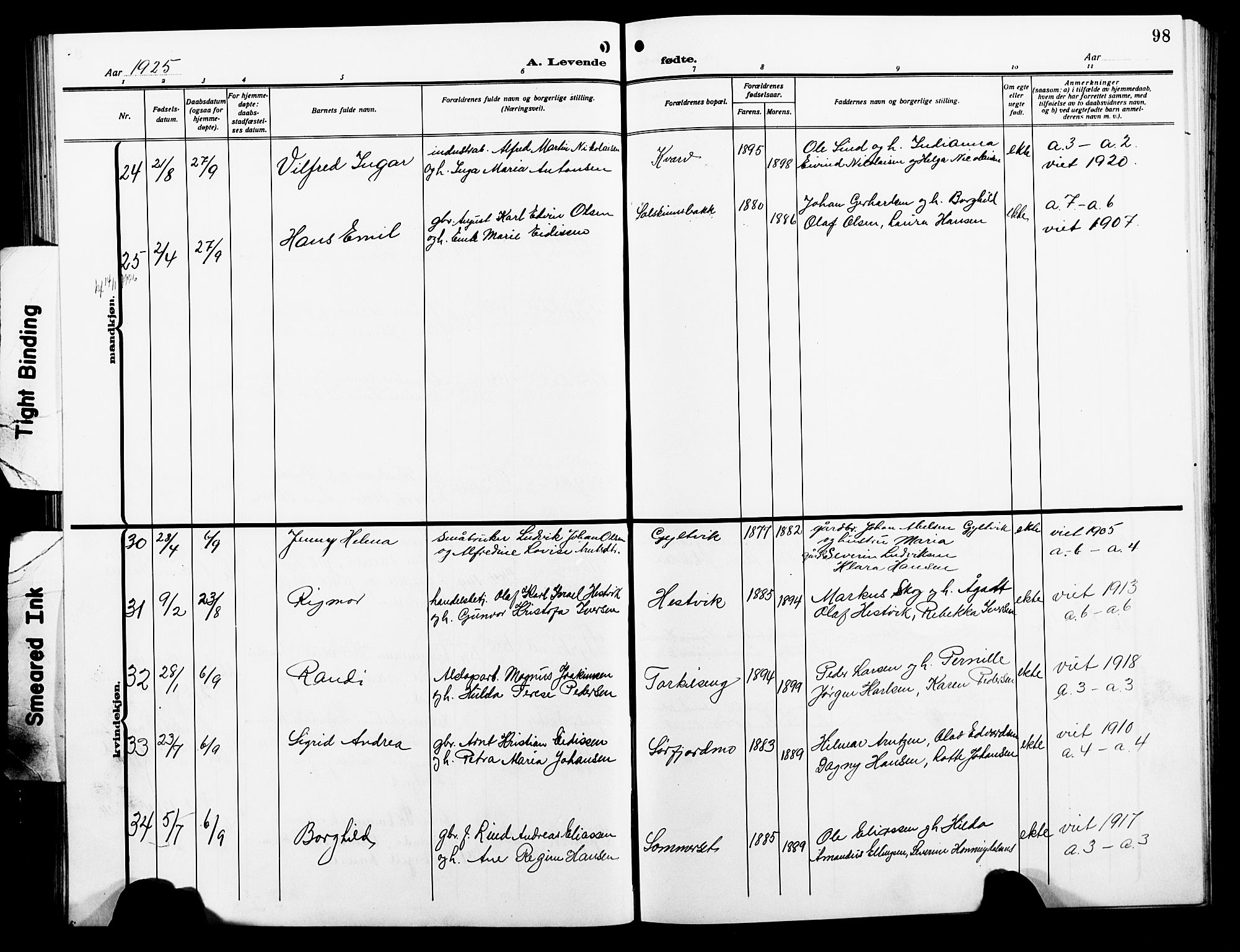 Ministerialprotokoller, klokkerbøker og fødselsregistre - Nordland, AV/SAT-A-1459/854/L0787: Parish register (copy) no. 854C03, 1913-1926, p. 98