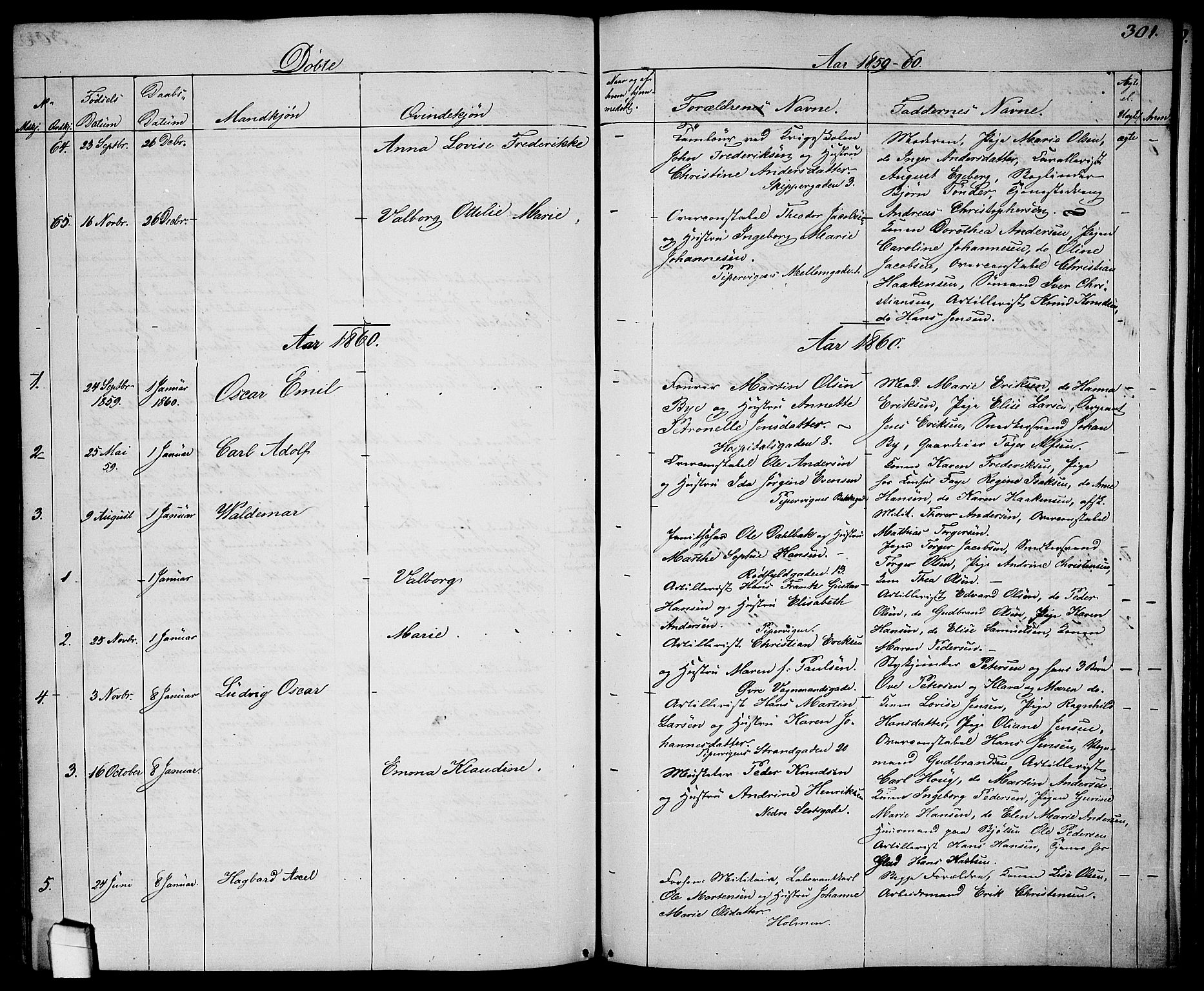 Garnisonsmenigheten Kirkebøker, SAO/A-10846/G/Ga/L0005: Parish register (copy) no. 5, 1841-1860, p. 301