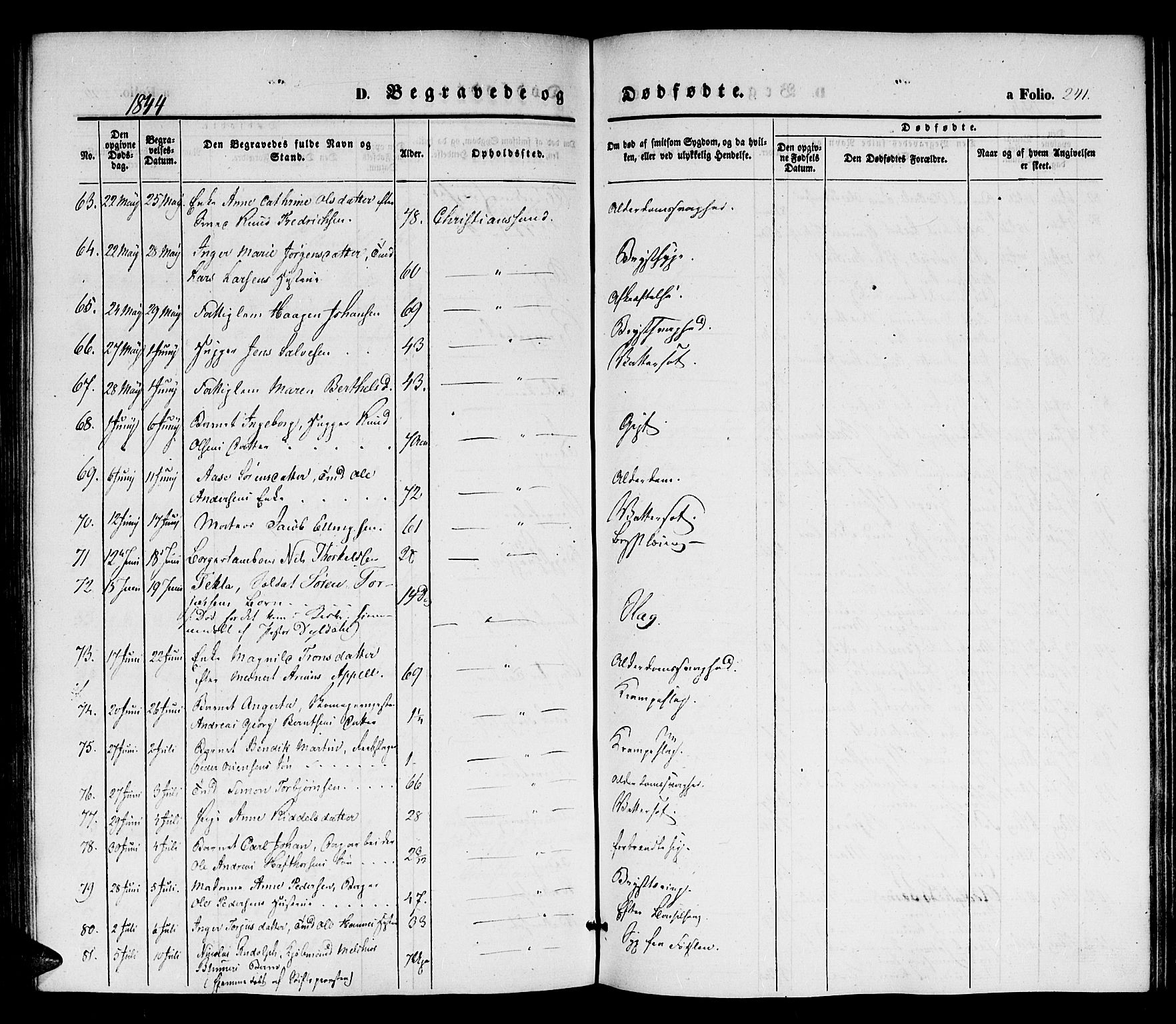 Kristiansand domprosti, SAK/1112-0006/F/Fb/L0010: Parish register (copy) no. B 10, 1843-1850, p. 241