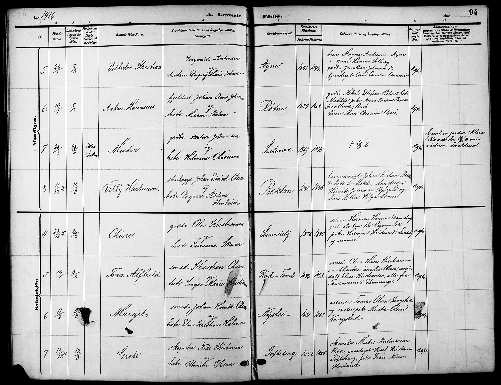 Råde prestekontor kirkebøker, AV/SAO-A-2009/G/Ga/L0001: Parish register (copy) no. 1, 1903-1925, p. 94
