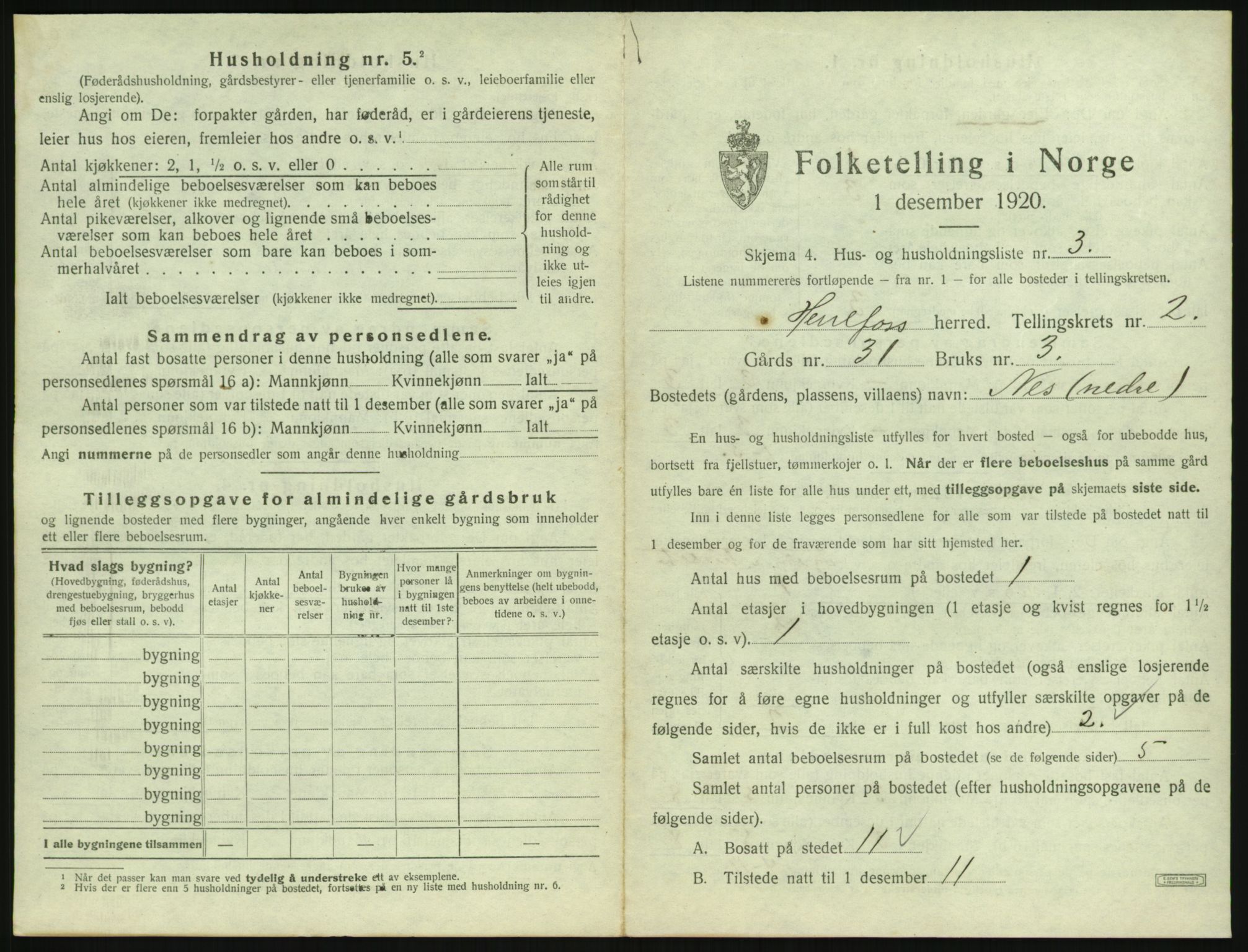 SAK, 1920 census for Herefoss, 1920, p. 52