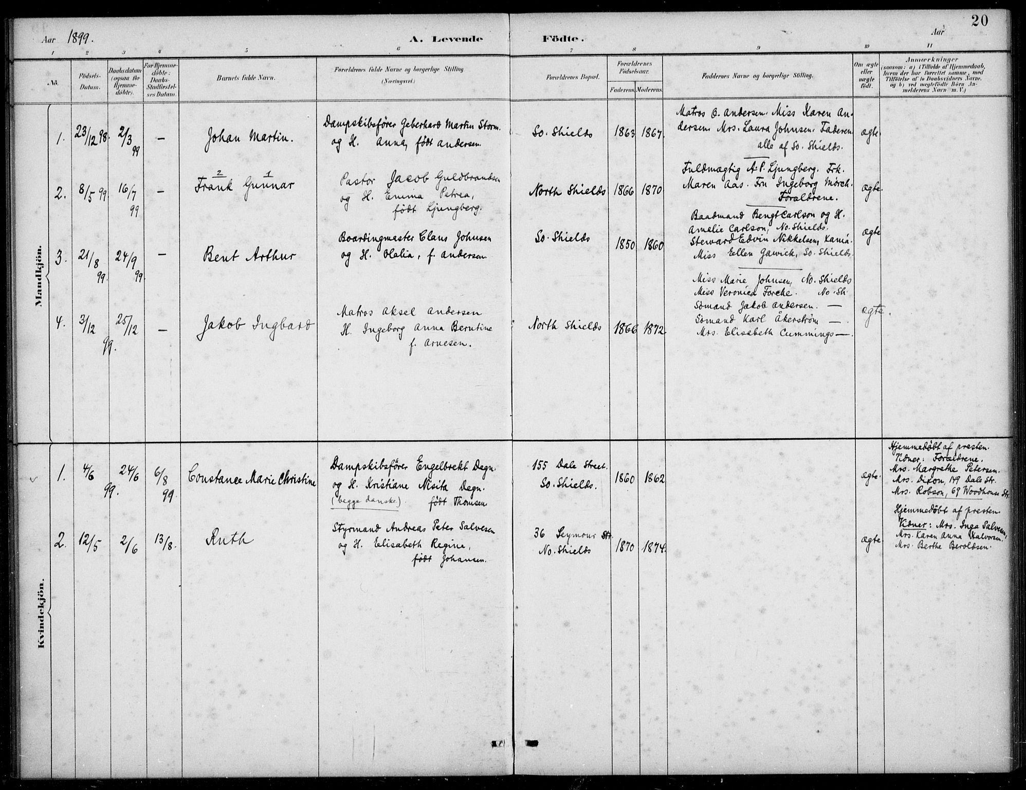 Den norske sjømannsmisjon i utlandet/Tyne-havnene (North Shields og New Castle), SAB/SAB/PA-0101/H/Ha/L0002: Parish register (official) no. A 2, 1883-1938, p. 20