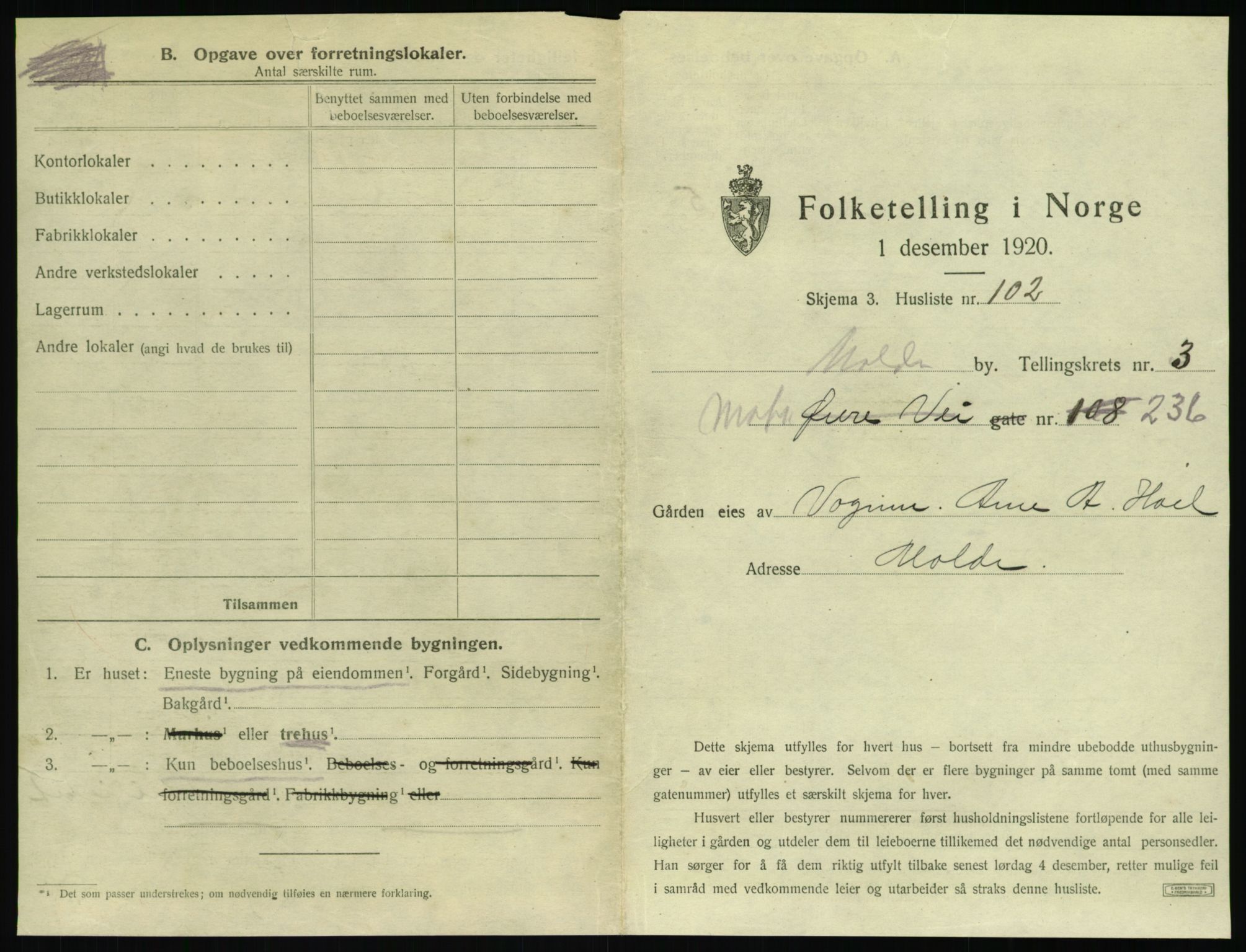 SAT, 1920 census for Molde, 1920, p. 423