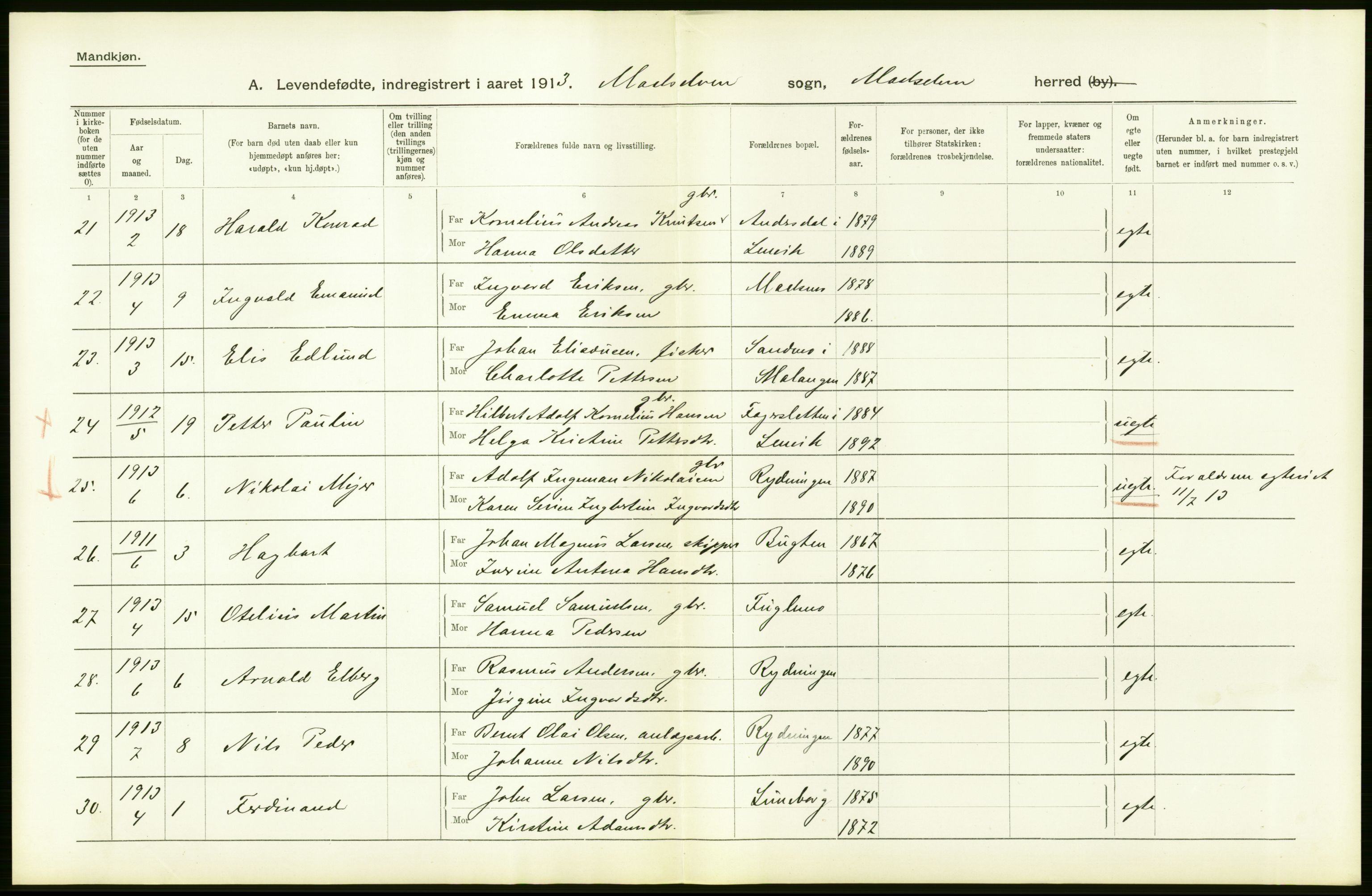 Statistisk sentralbyrå, Sosiodemografiske emner, Befolkning, AV/RA-S-2228/D/Df/Dfb/Dfbc/L0046: Tromsø amt: Levendefødte menn og kvinner. Bygder og byer., 1913, p. 78