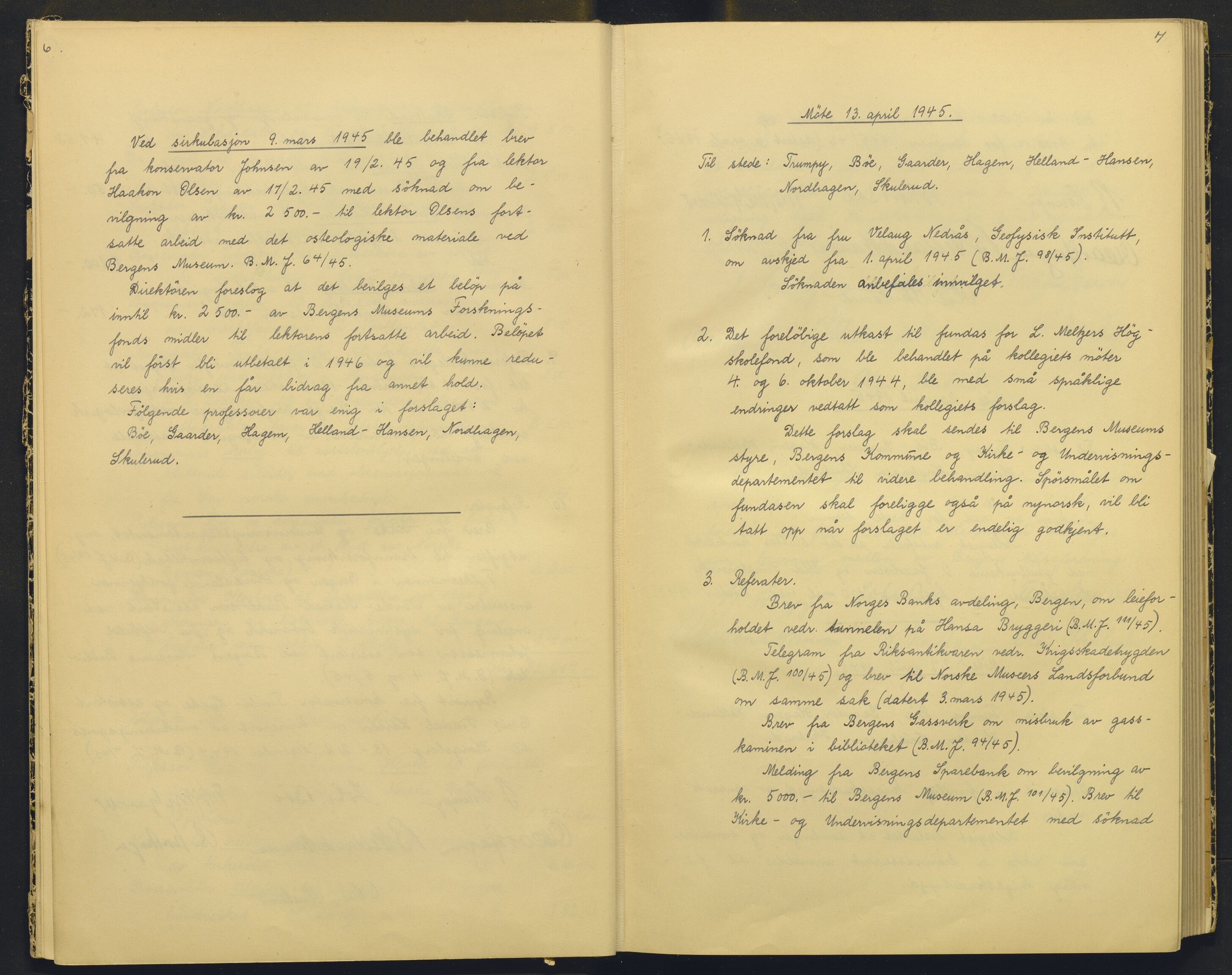Bergens Museum, AV/SAB-A-17301/18/A/L0004: Professorkollegiets møtebok med register , 1945-1949, p. 6-7