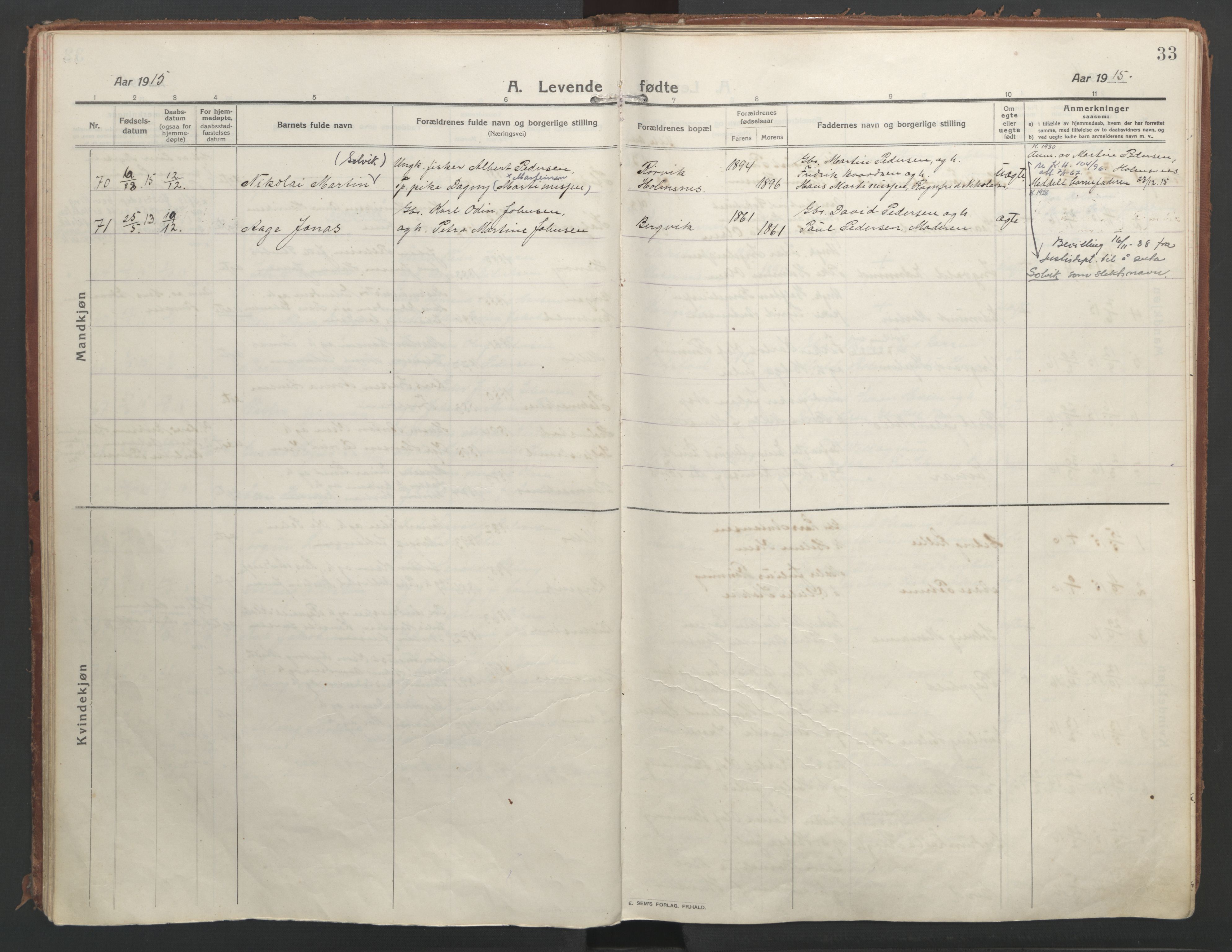 Ministerialprotokoller, klokkerbøker og fødselsregistre - Nordland, AV/SAT-A-1459/888/L1250: Parish register (official) no. 888A16, 1913-1925, p. 33