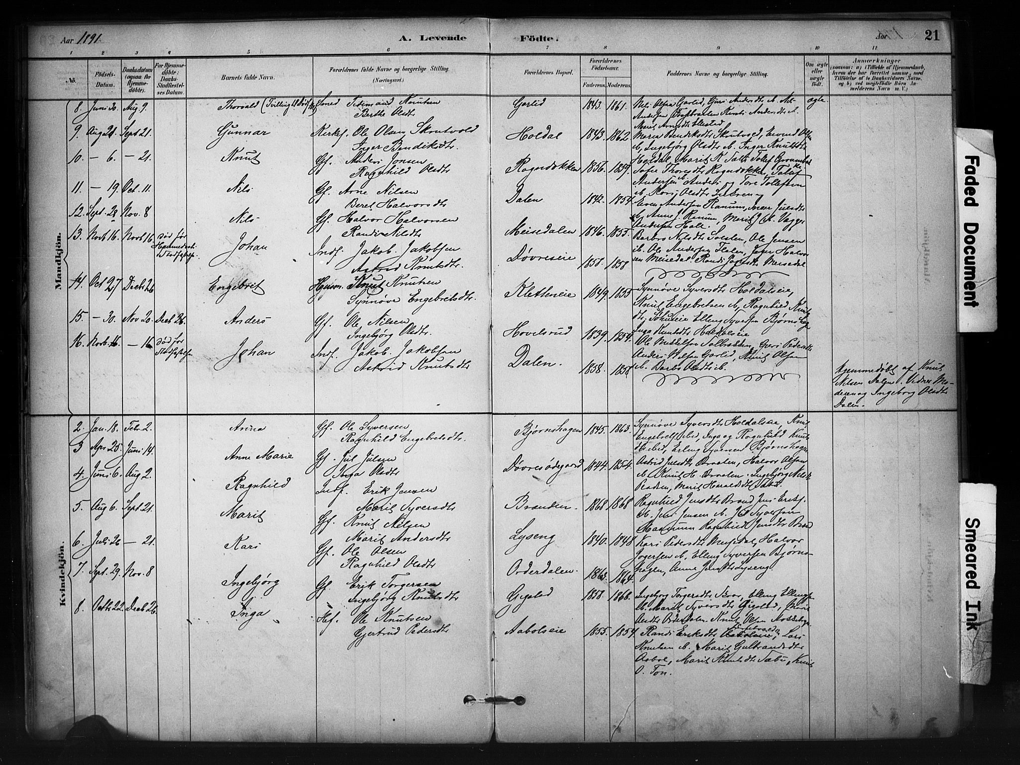 Nord-Aurdal prestekontor, SAH/PREST-132/H/Ha/Haa/L0012: Parish register (official) no. 12, 1883-1895, p. 21