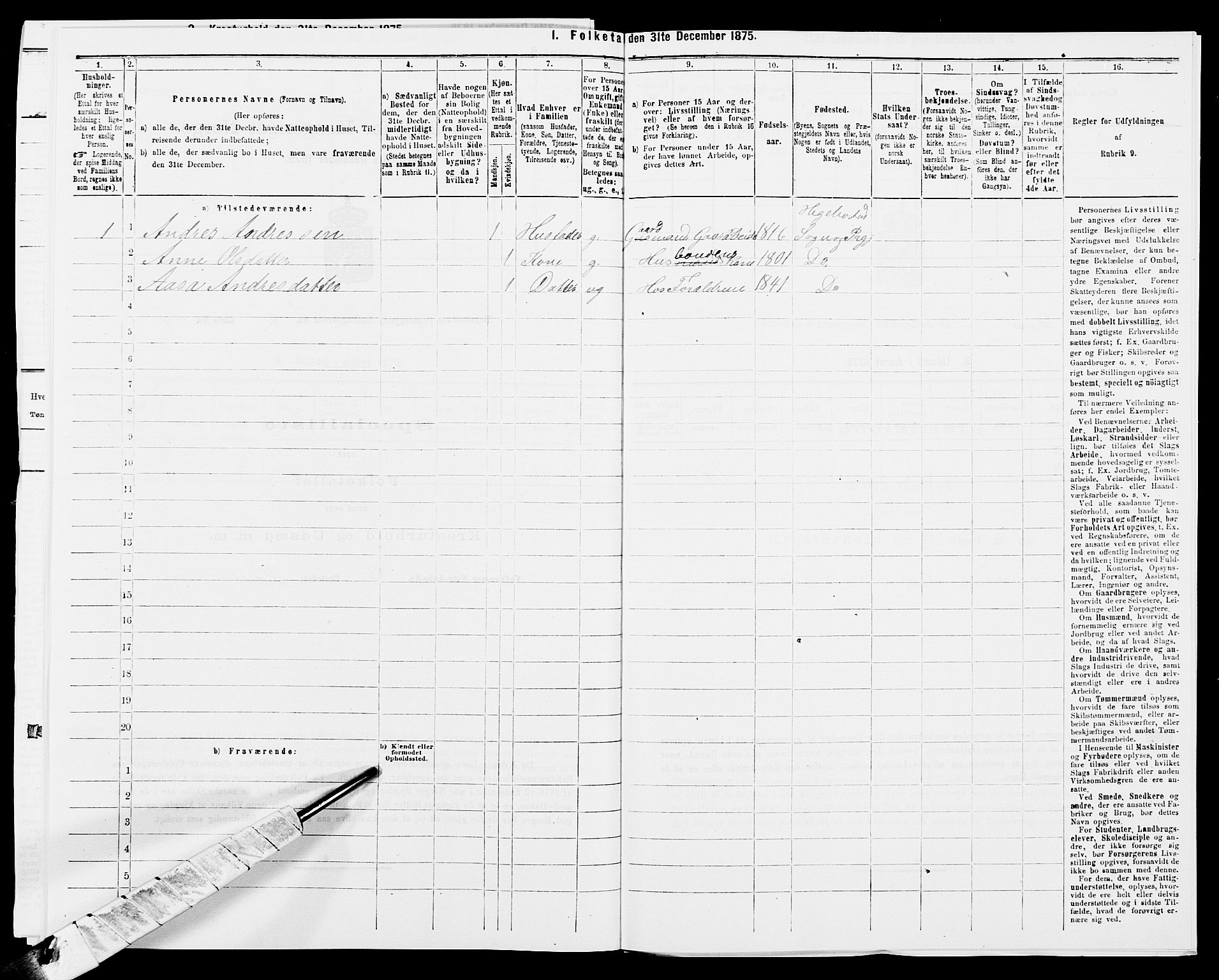 SAK, 1875 census for 1034P Hægebostad, 1875, p. 430