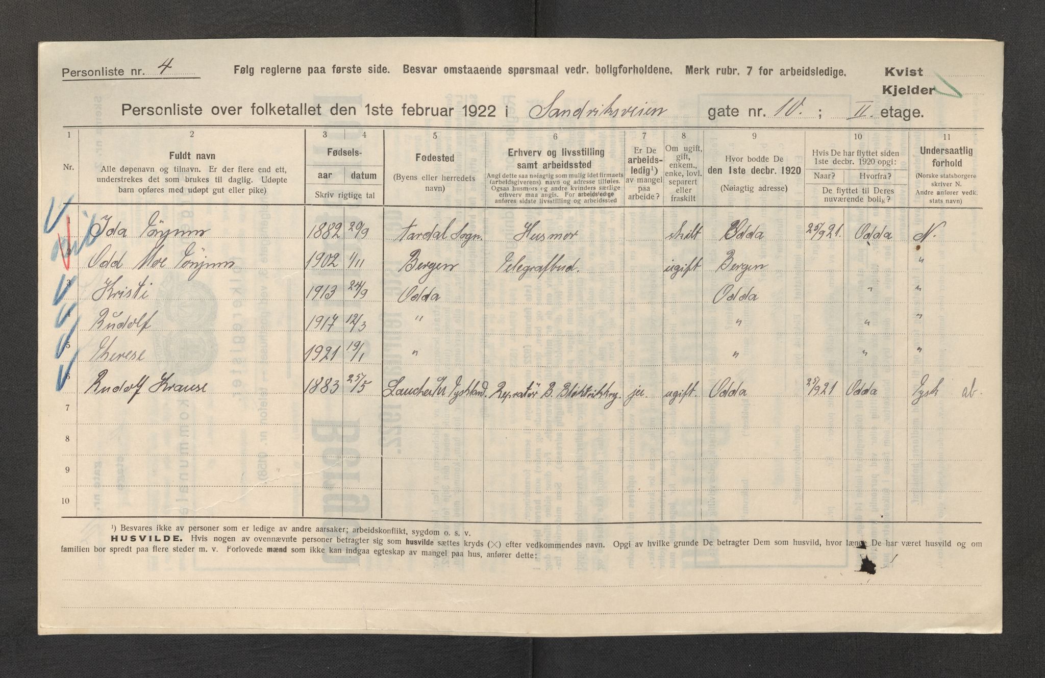 SAB, Municipal Census 1922 for Bergen, 1922, p. 33907