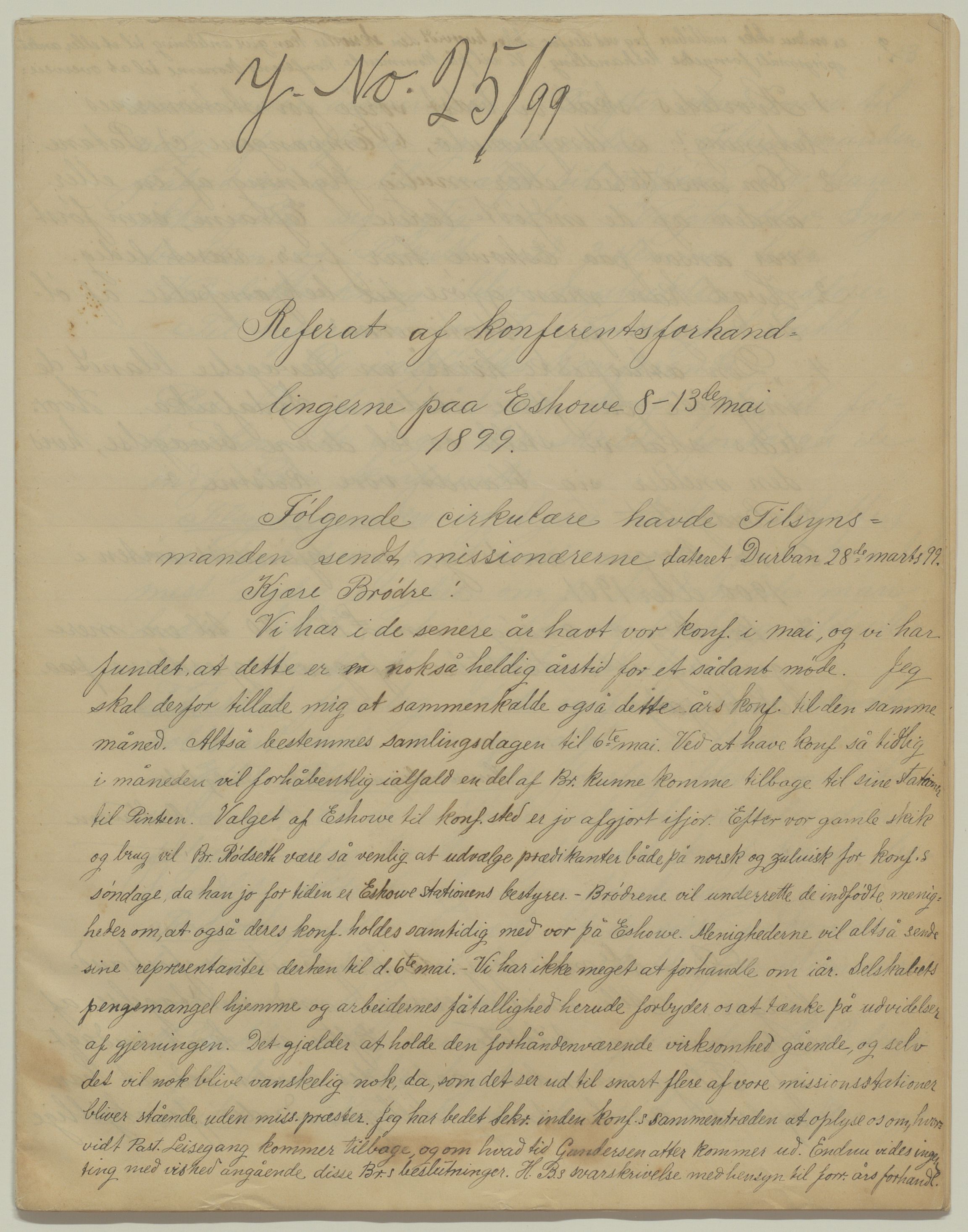 Det Norske Misjonsselskap - hovedadministrasjonen, VID/MA-A-1045/D/Da/Daa/L0043/0007: Konferansereferat og årsberetninger / Konferansereferat fra Sør-Afrika., 1899, p. 1