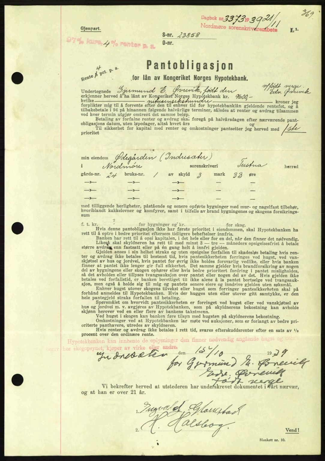 Nordmøre sorenskriveri, AV/SAT-A-4132/1/2/2Ca: Mortgage book no. B86, 1939-1940, Diary no: : 3373/1939