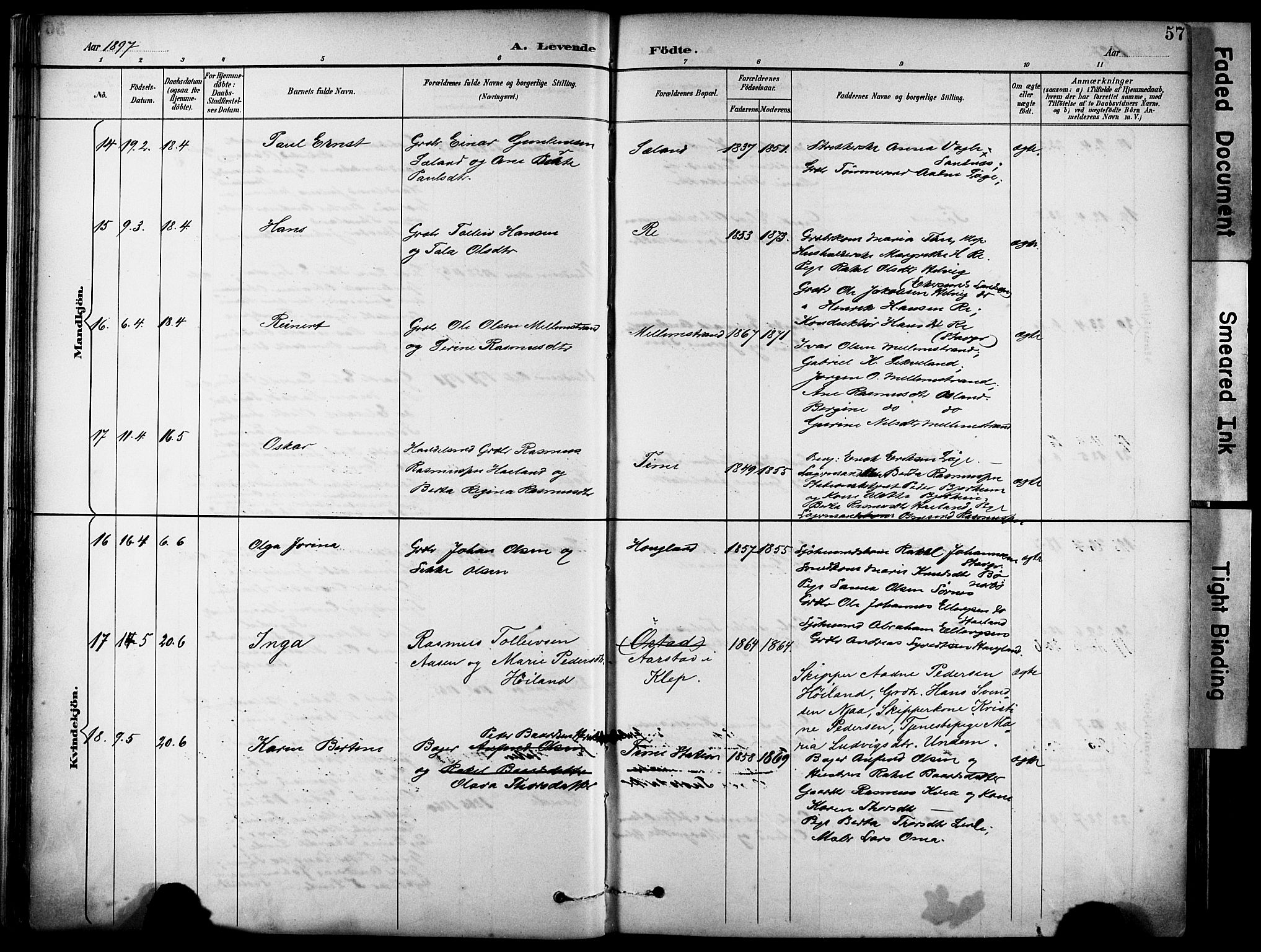 Lye sokneprestkontor, AV/SAST-A-101794/001/30BA/L0011: Parish register (official) no. A 9, 1893-1903, p. 57