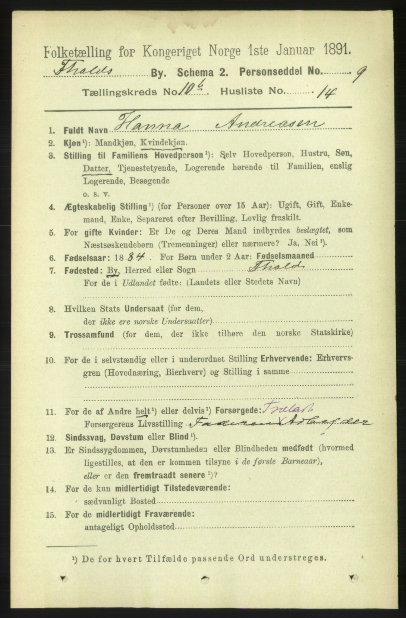 RA, 1891 census for 0101 Fredrikshald, 1891, p. 7489