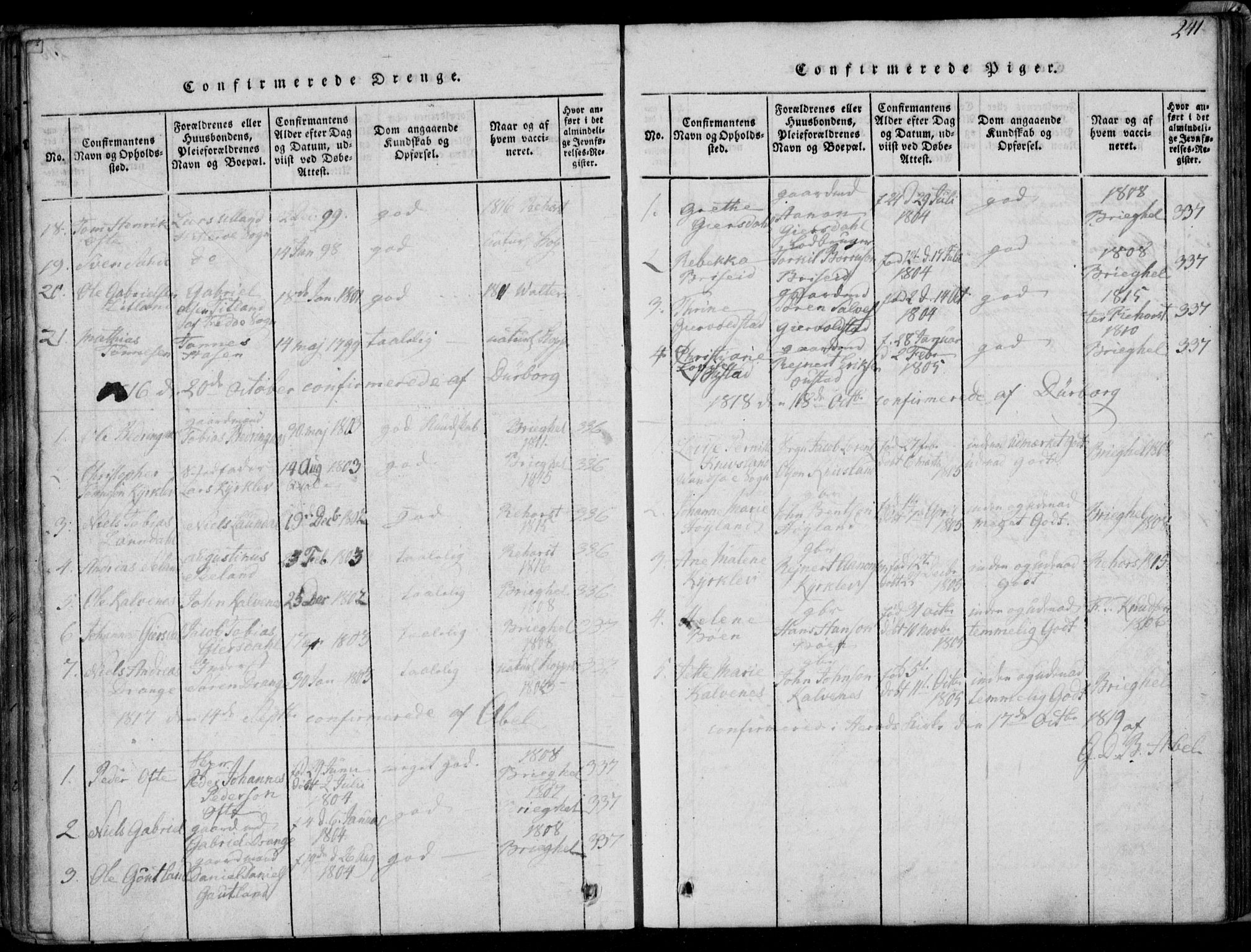 Herad sokneprestkontor, SAK/1111-0018/F/Fa/Faa/L0003: Parish register (official) no. A 3, 1816-1844, p. 241