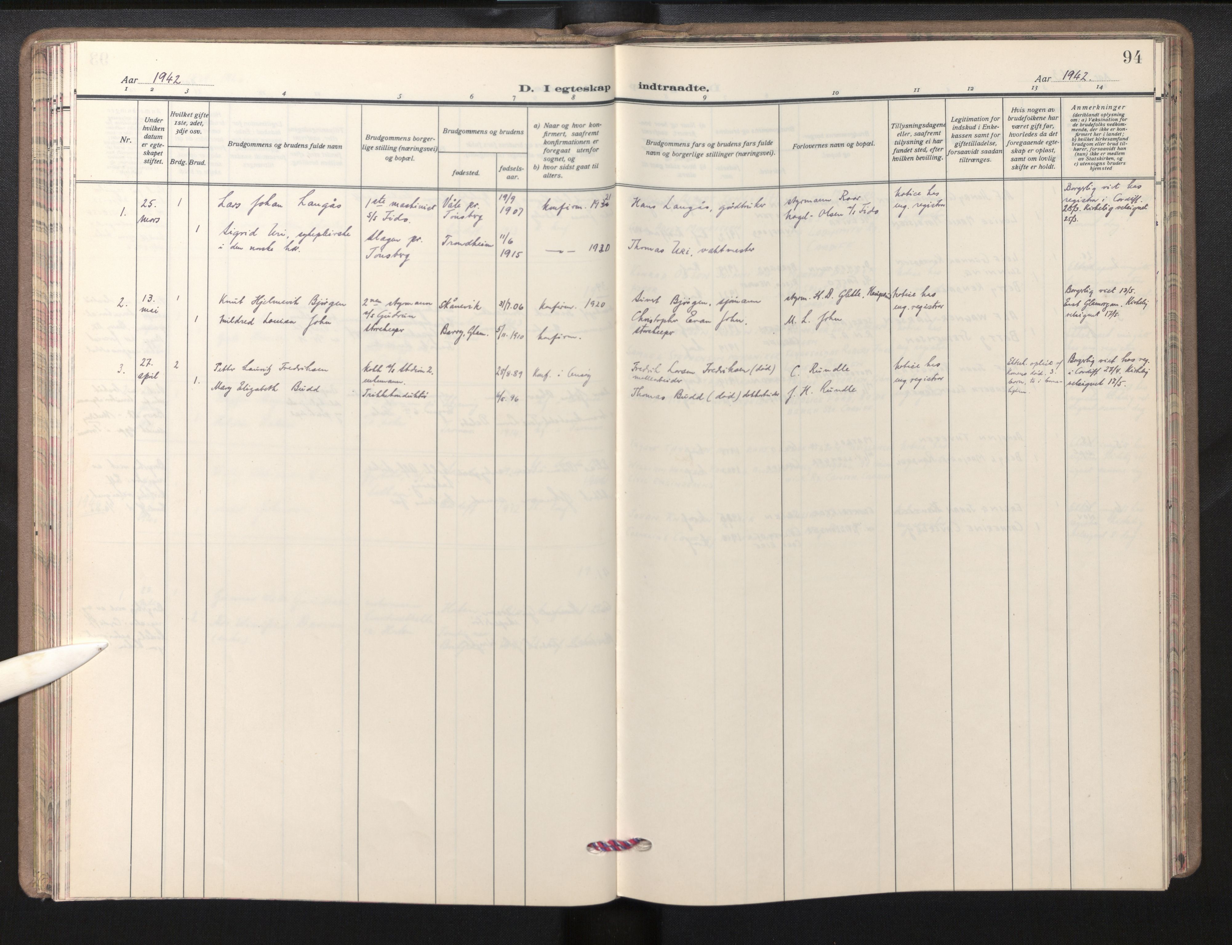 Den norske sjømannsmisjon i utlandet/Bristolhavnene(Cardiff-Swansea), SAB/SAB/PA-0102/H/Ha/Haa/L0003: Parish register (official) no. A 3, 1932-1966, p. 93b-94a